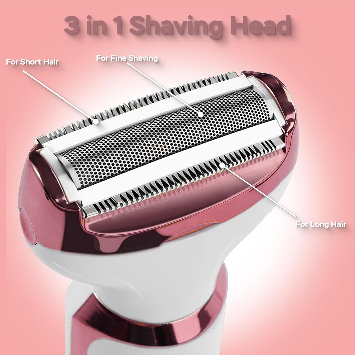 Nahaufnahme eines 3-in-1-Rasierkopfes. Er hat Roségold- und Weißtöne mit Beschriftungen für kurze, feine und lange Haare.