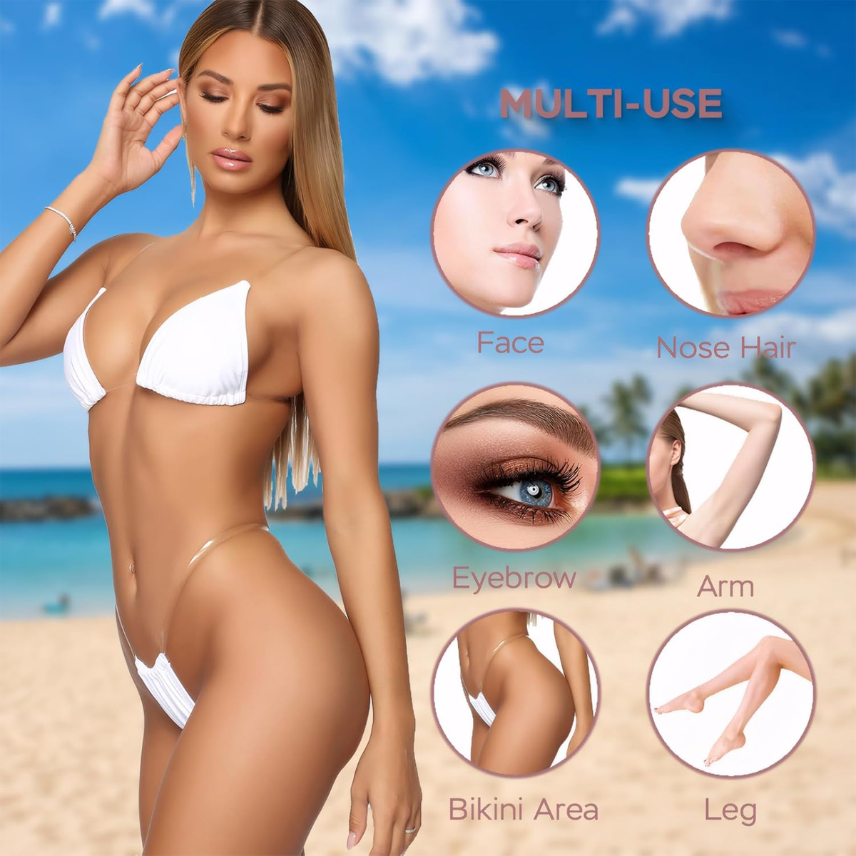 Eine Frau in einem weißen Bikini steht am Strand. Das Bild zeigt Kreise mit Gesicht, Nasenhaaren, Augenbrauen, Arm, Bikinibereich und Bein.