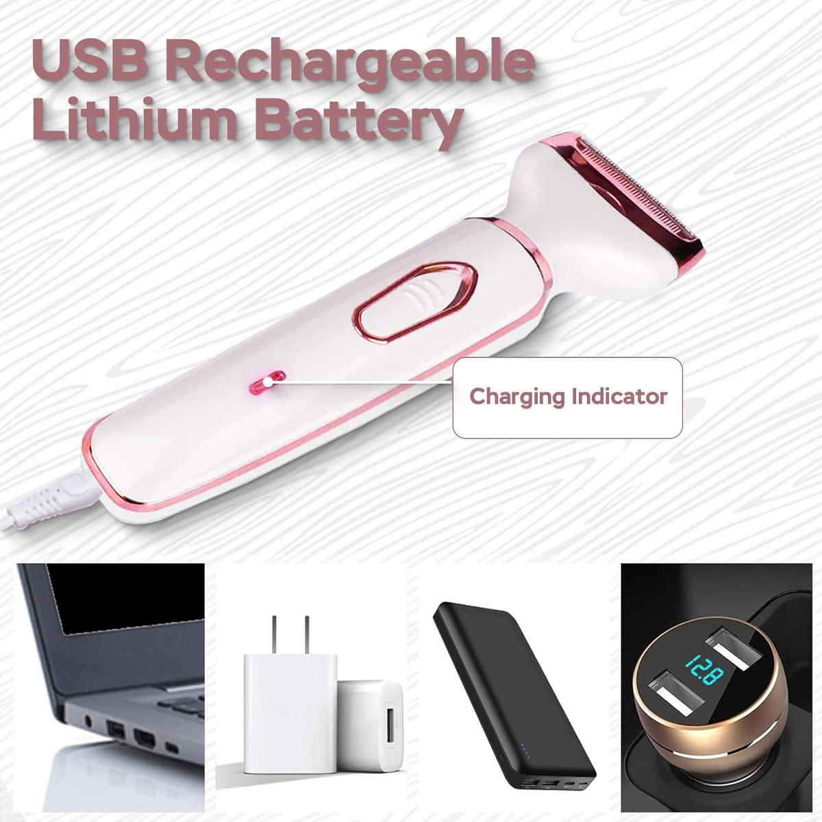 Weißer und rosa Elektrorasierer, USB-aufladbar, Ladeanzeige. Außerdem sind ein Laptop, Netzteile, eine Powerbank und ein Autoladegerät abgebildet.