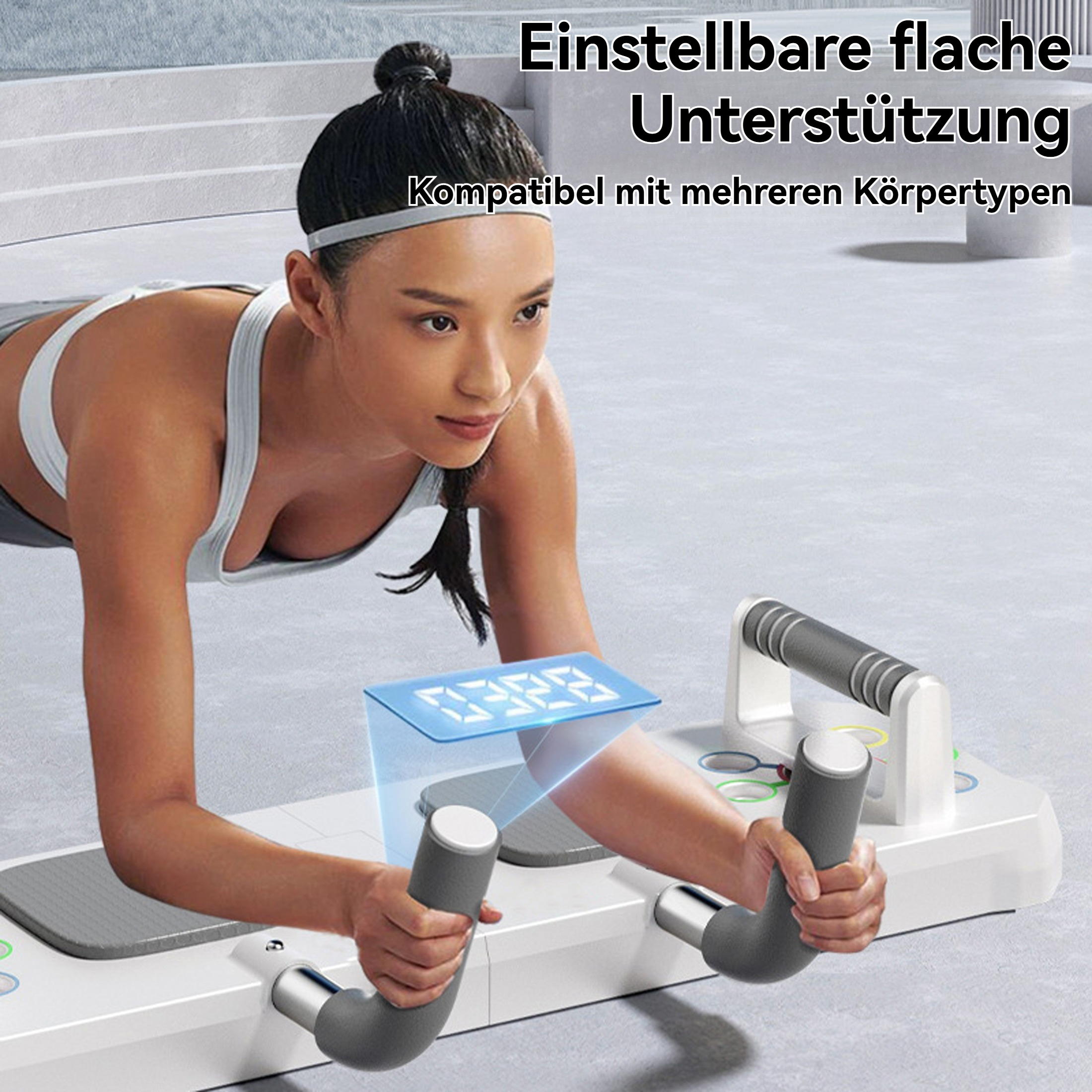 Frau macht eine Planke auf einem weißen Trainingsgerät mit digitaler Anzeige und grauen Griffen. Text auf Deutsch.