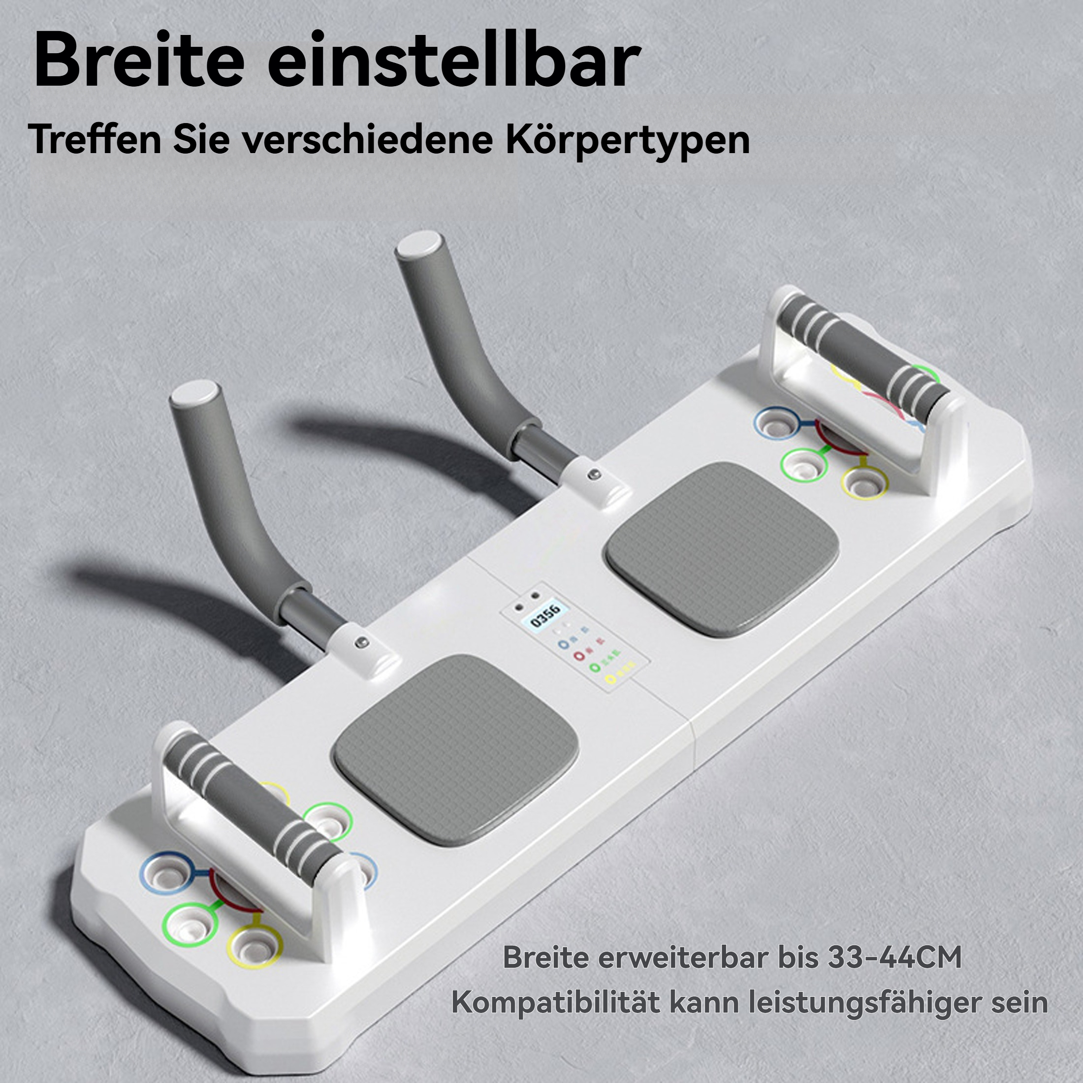 Weißes Liegestützbrett mit grauen Griffen und Pads, verschiedene farbige Markierungen. Text auf Deutsch.