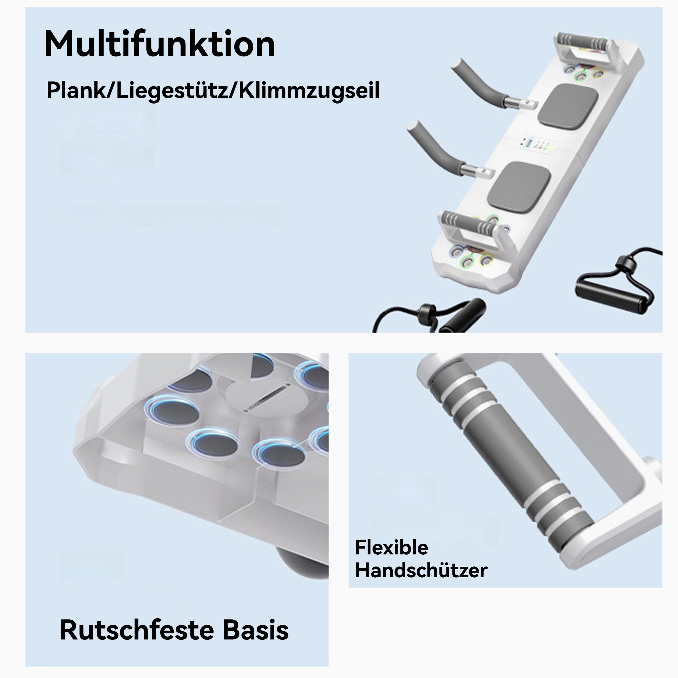 Weißes und graues Trainingsboard mit Griffen, grauen Pads und Text auf Deutsch: Multifunktion, Plank/Liegestütz/Klimmzugseil.