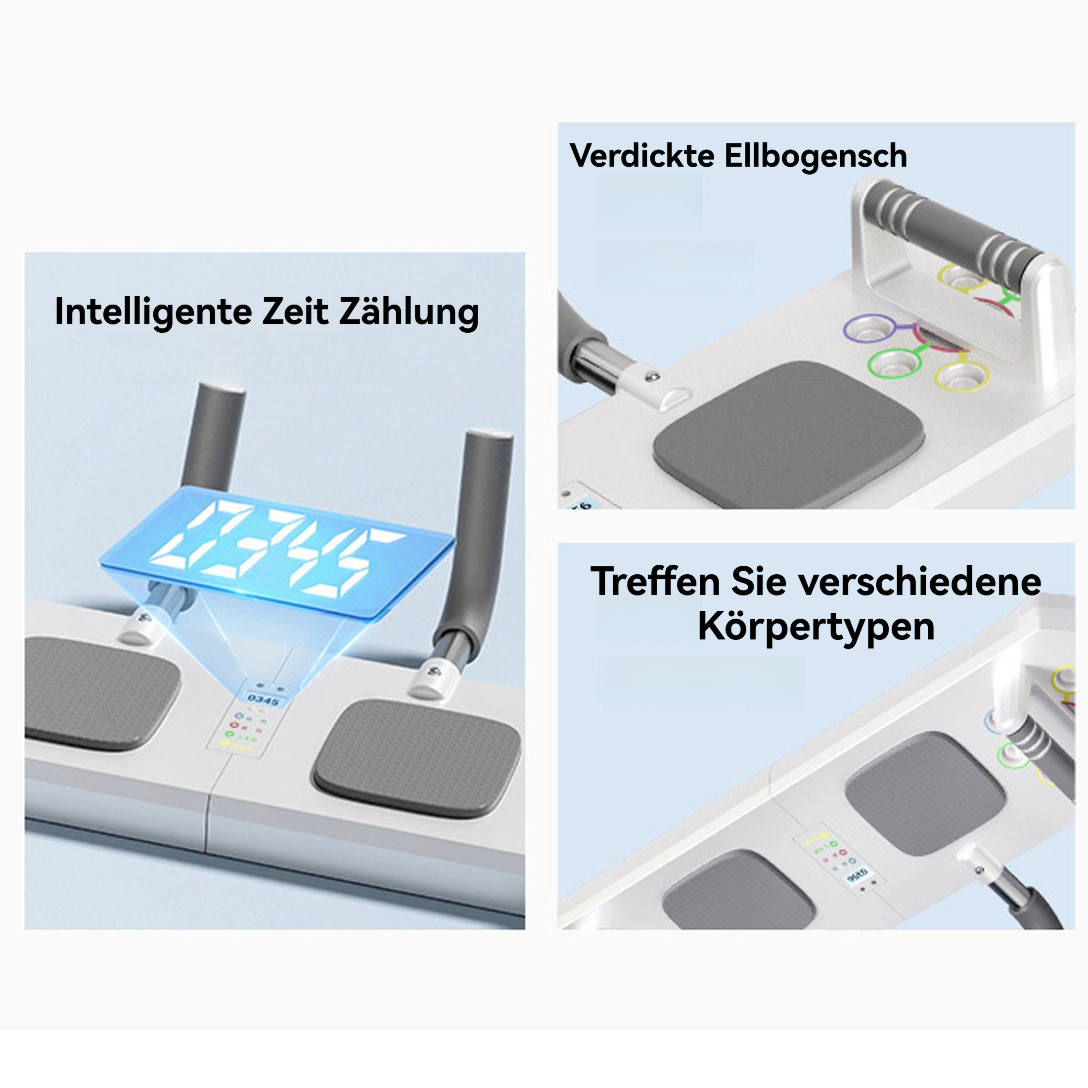 Ein Trainingsgerät mit Digitalanzeige, grauen Pads und Griffen. Es verfügt über eine Zeitmessung und ist für verschiedene Körpertypen konzipiert.
