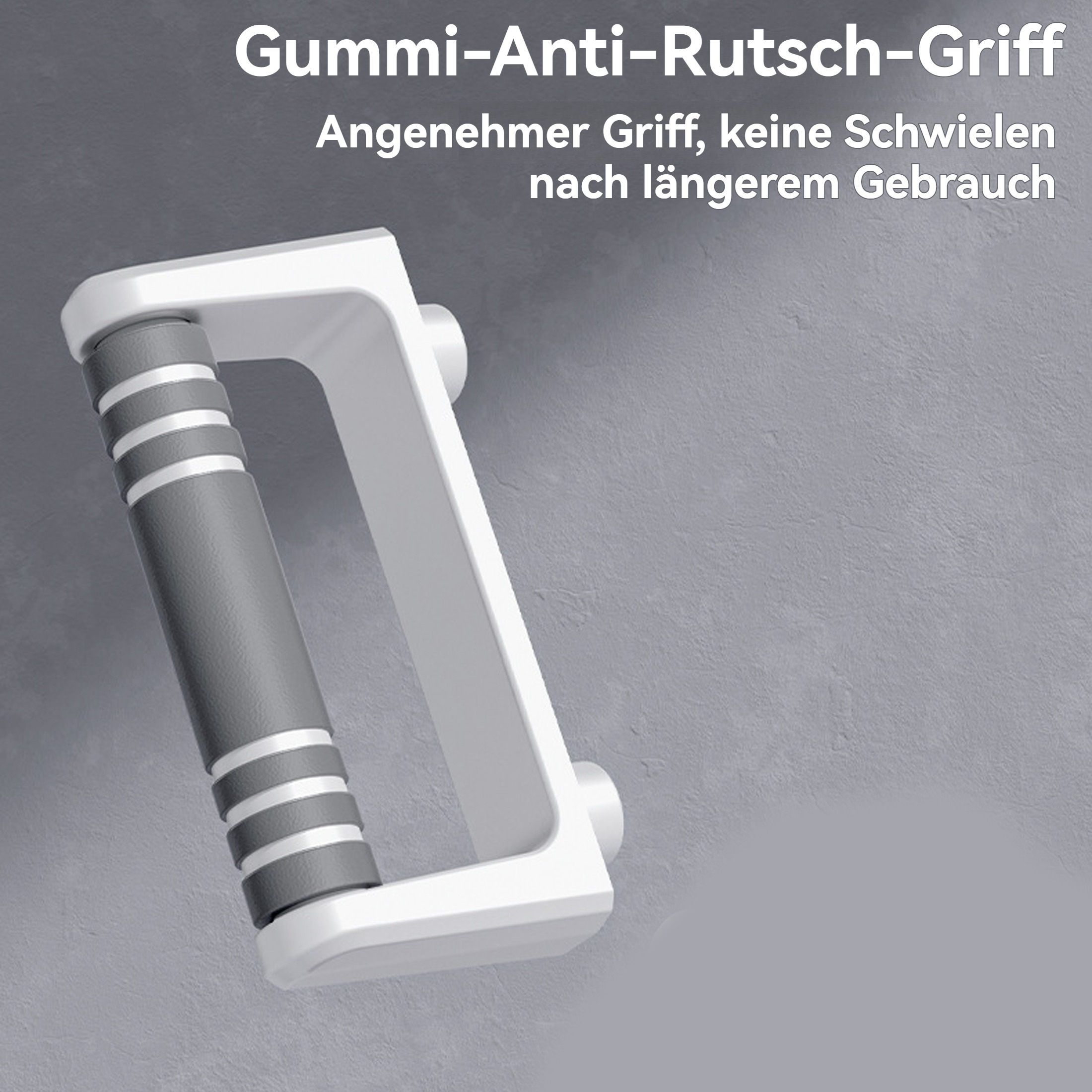 Eine Liegestützstange mit weißem Rahmen und grauem Griff. Es ist auf grauem Hintergrund. Text: Gummi-Anti-Rutsch-Griff.