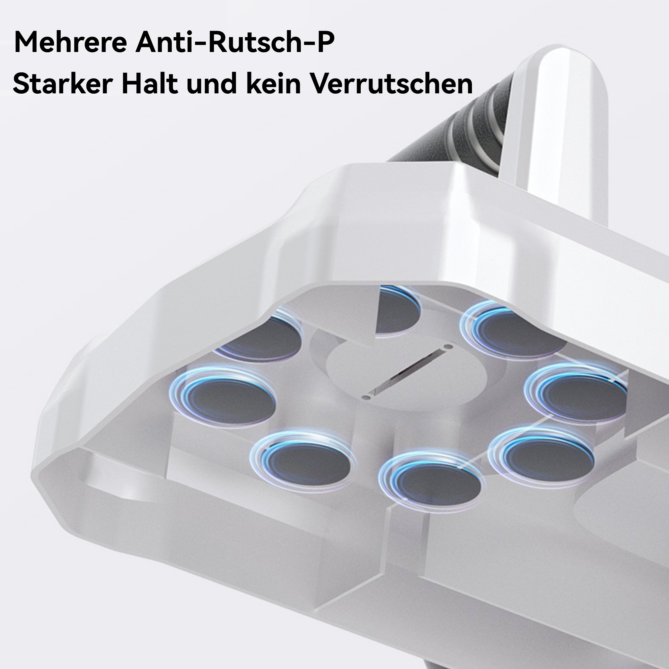 Weißes Gerät mit mehreren schwarzen, kreisförmigen Pads. Blaues Licht umgibt jedes Pad. Text oben auf Deutsch.