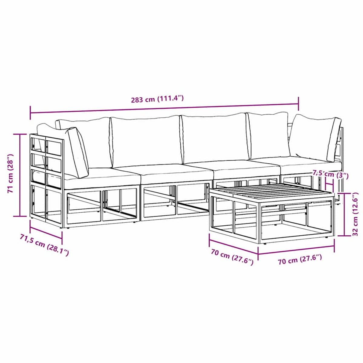 Ein Ecksofa und ein Couchtisch sind mit Maßangaben versehen. Das Sofa hat einen Metallrahmen mit weißen Kissen und Polstern.