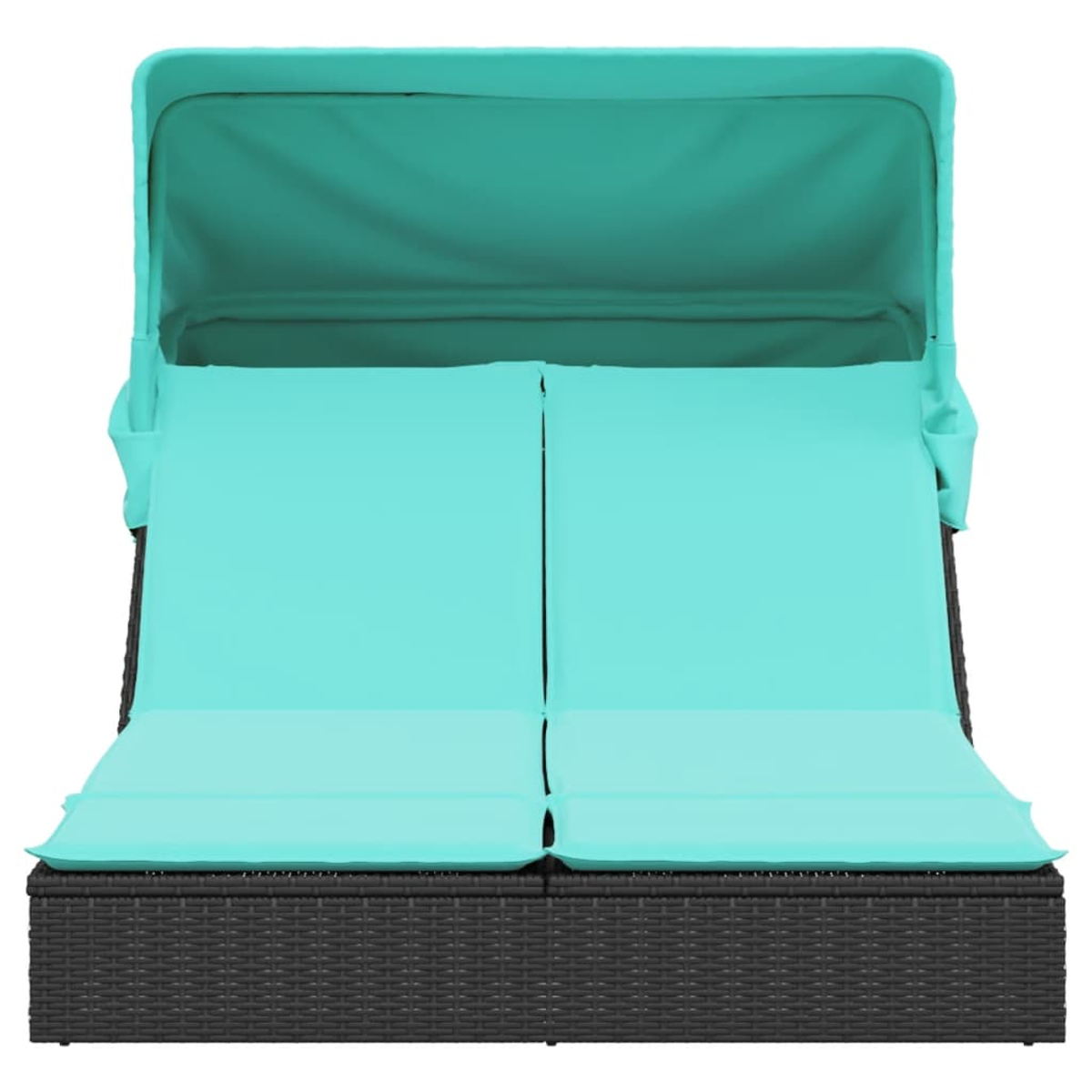 Eine doppelte Chaiselongue aus Weide für den Außenbereich mit türkisfarbenen Kissen und einem Verdeck. Die Basis ist dunkelbraun, die Kissen und das Verdeck sind türkis.