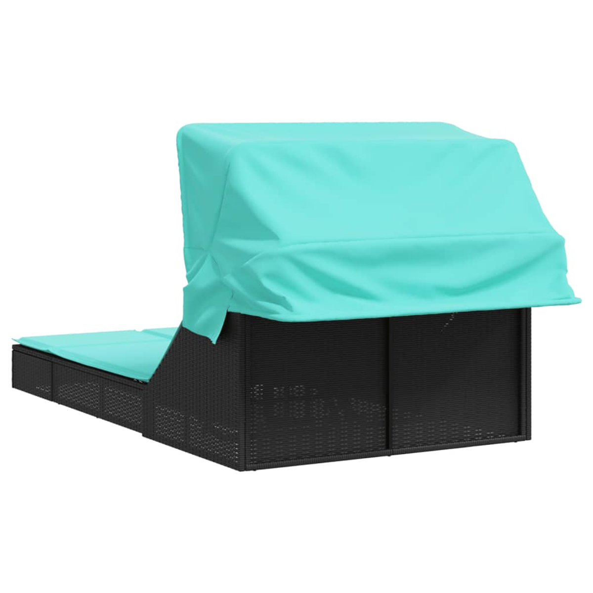 Eine schwarze Outdoor-Chaiselongue aus Korbgeflecht mit einem aquablauen Baldachin. Die Liege hat ein aquablaues Kissen. Der Hintergrund ist weiß.