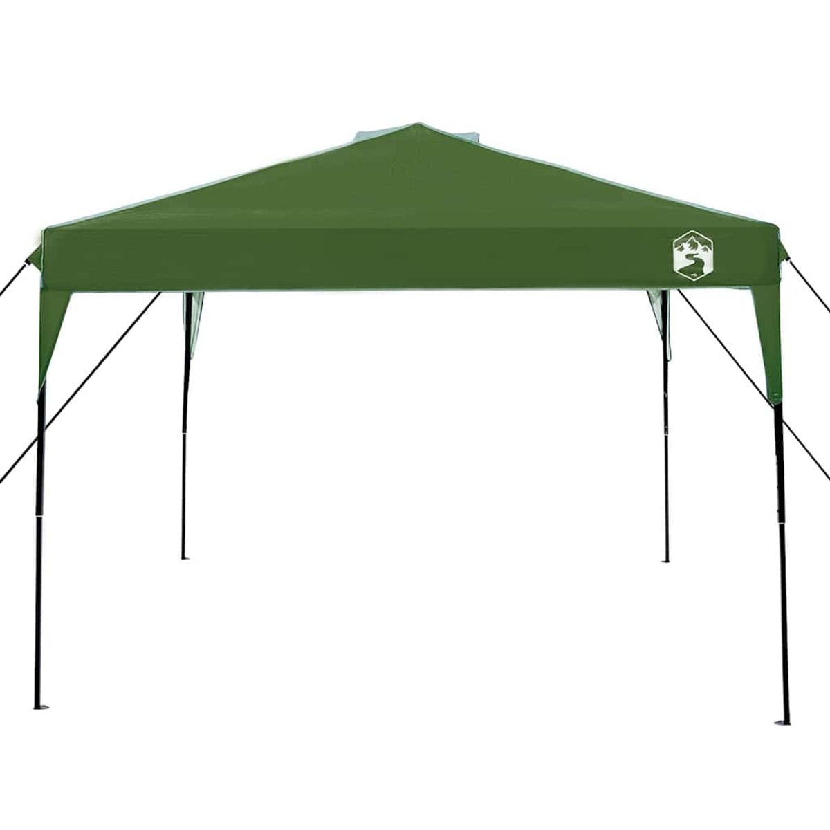 Ein grünes Pop-up-Zelt mit schwarzen Stangen. Ein weißes Logo befindet sich oben rechts. Der Hintergrund ist weiß.
