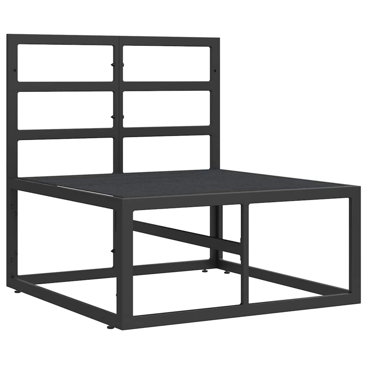 Un palco in metallo grigio con schienale. Il palco ha una struttura quadrata aperta, un piano piatto e un retro con tre aperture rettangolari.