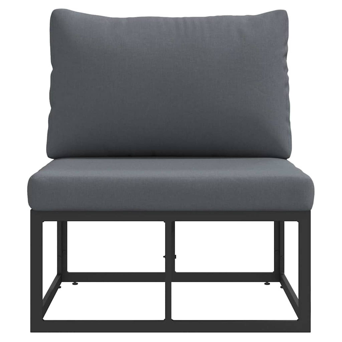 Un cuscino e uno schienale grigi poggiano su una struttura in metallo nero, su sfondo bianco. È un design moderno e semplice.