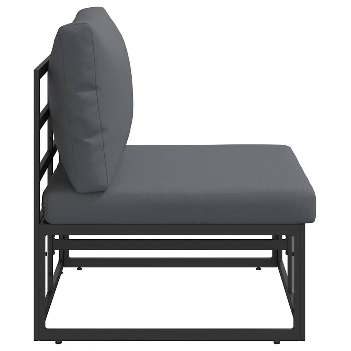Una sedia con cuscino grigio con struttura in metallo nero è mostrata di profilo. La sedia ha schienale e seduta, entrambi grigi.