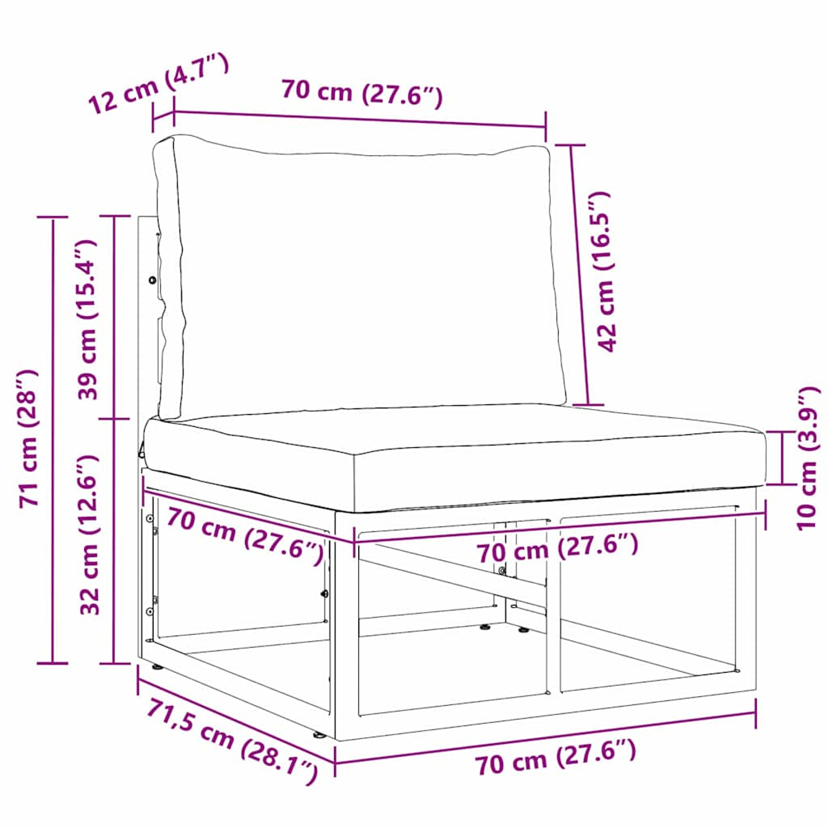 Diagramma di una sedia con misure. Mostra le dimensioni in cm e pollici per altezza, larghezza e profondità di diverse parti della sedia.