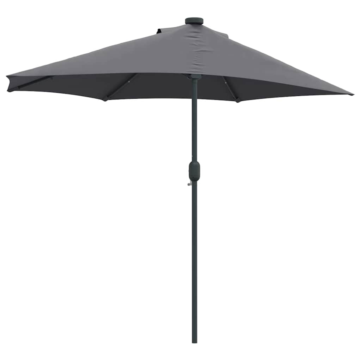 Un ombrellone da patio grigio rettangolare su sfondo bianco. Il palo è grigio scuro. L'ombrellone è aperto.