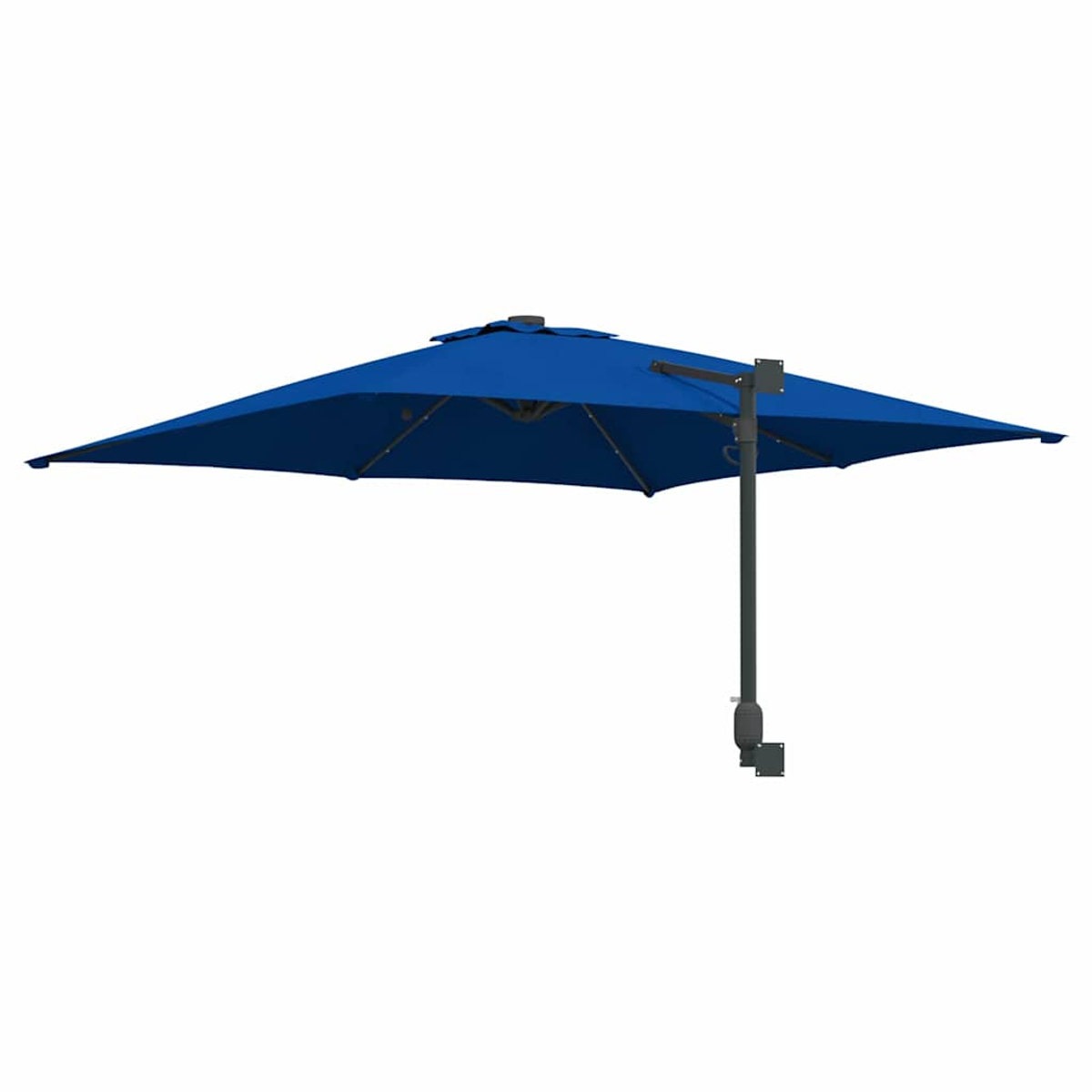 Un ombrellone da patio rettangolare blu, sostenuto da un palo di metallo grigio, su sfondo bianco. L'ombrellone è aperto.