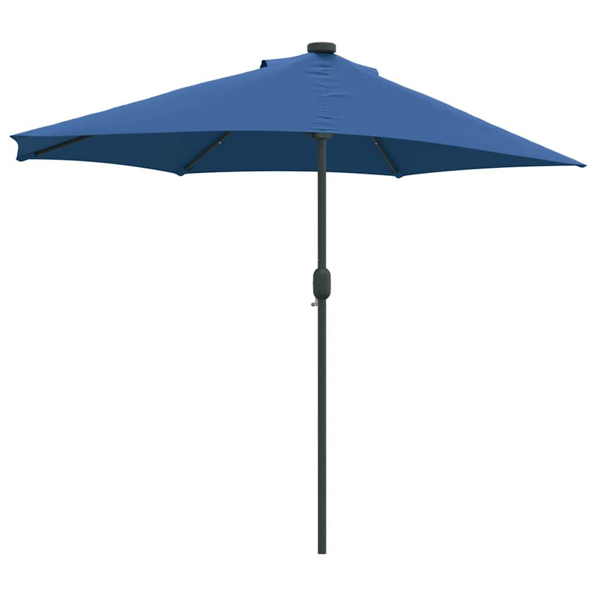Un ombrellone blu rettangolare è centrato su sfondo bianco. L'ombrellone è aperto, con un palo scuro e una tenda blu.