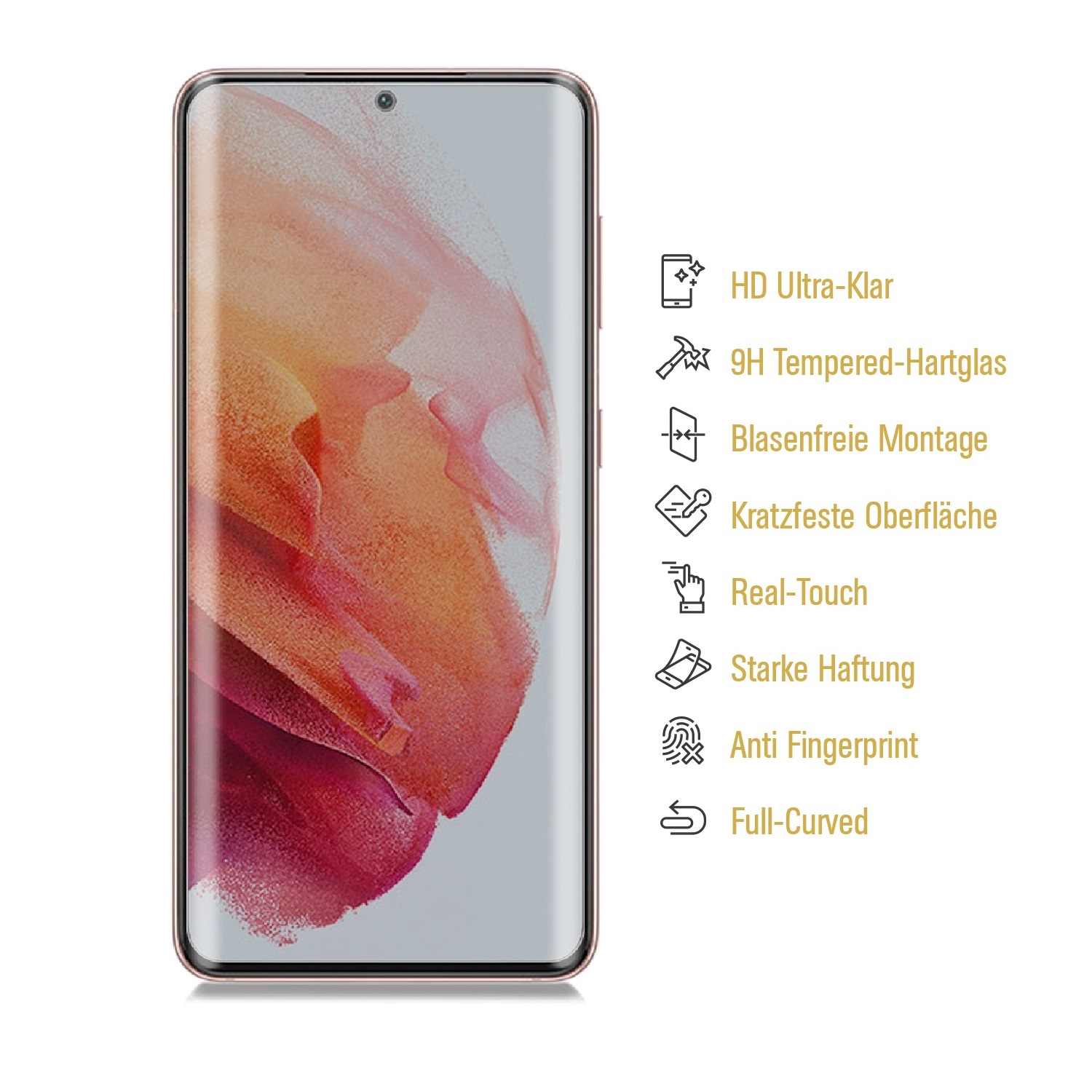 Ein Smartphone mit Displayschutzfolie. Merkmale: HD-Klarheit, gehärtetes Glas, blasenfreie Installation und Anti-Fingerabdruck.