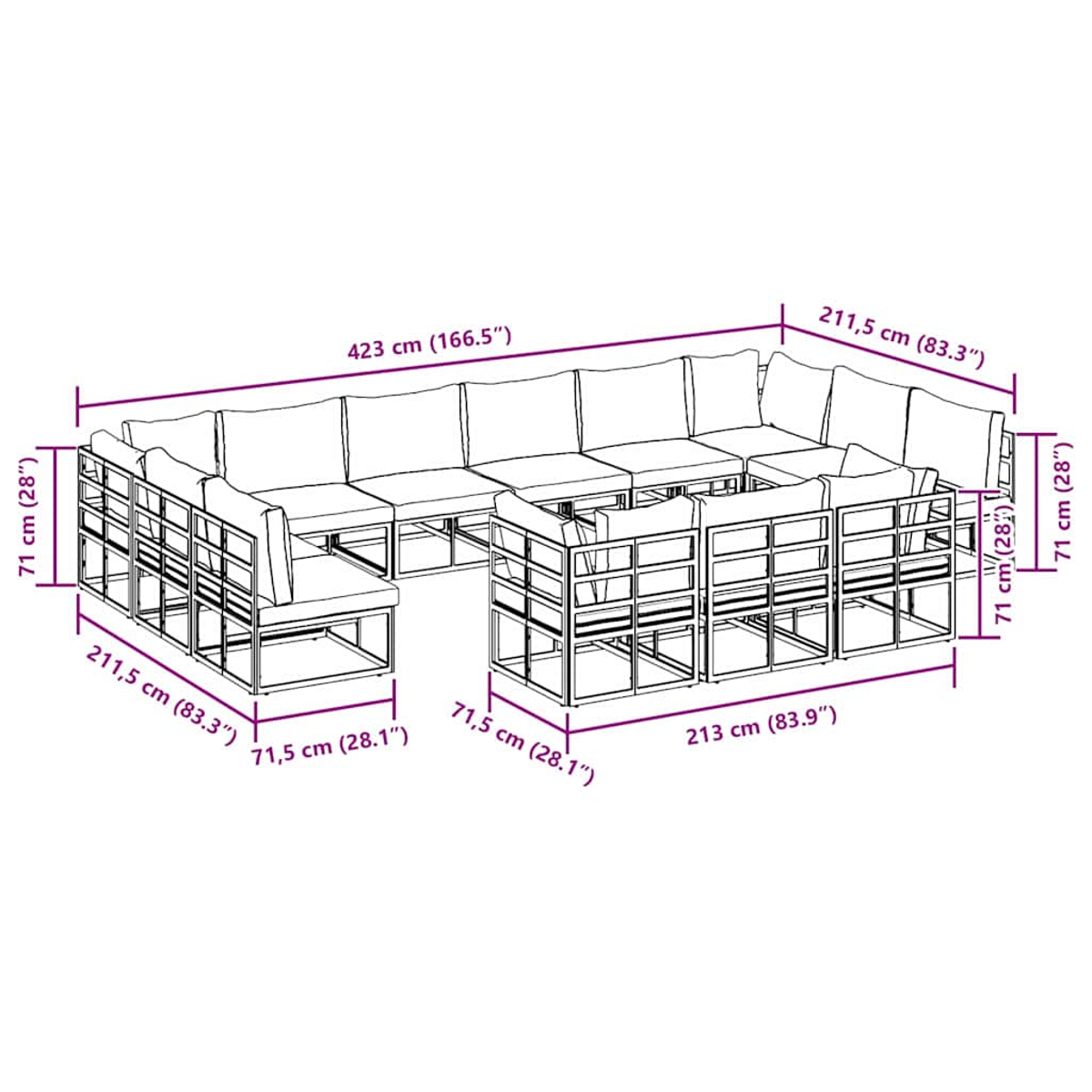Un diagramma di un grande set di divani da esterno con dimensioni etichettate in centimetri e pollici. Il set sembra modulare.