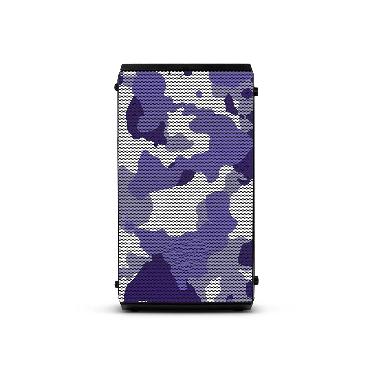 Prostokątny głośnik z fioletowym wzorem kamuflażu z przodu. Głośnik jest na białym tle.