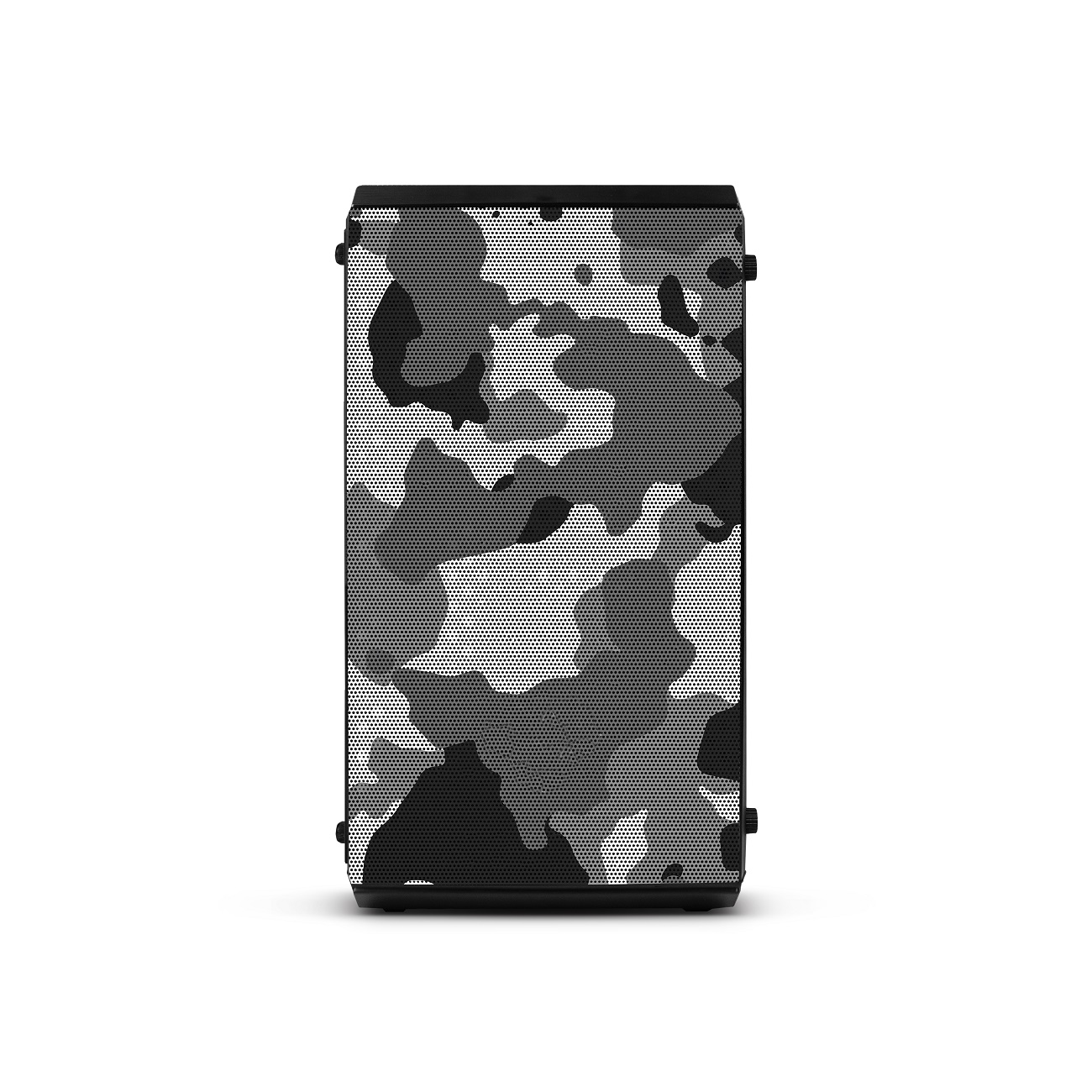 Prostokątny głośnik z szarym wzorem kamuflażu. Czarna ramka, na białym tle.