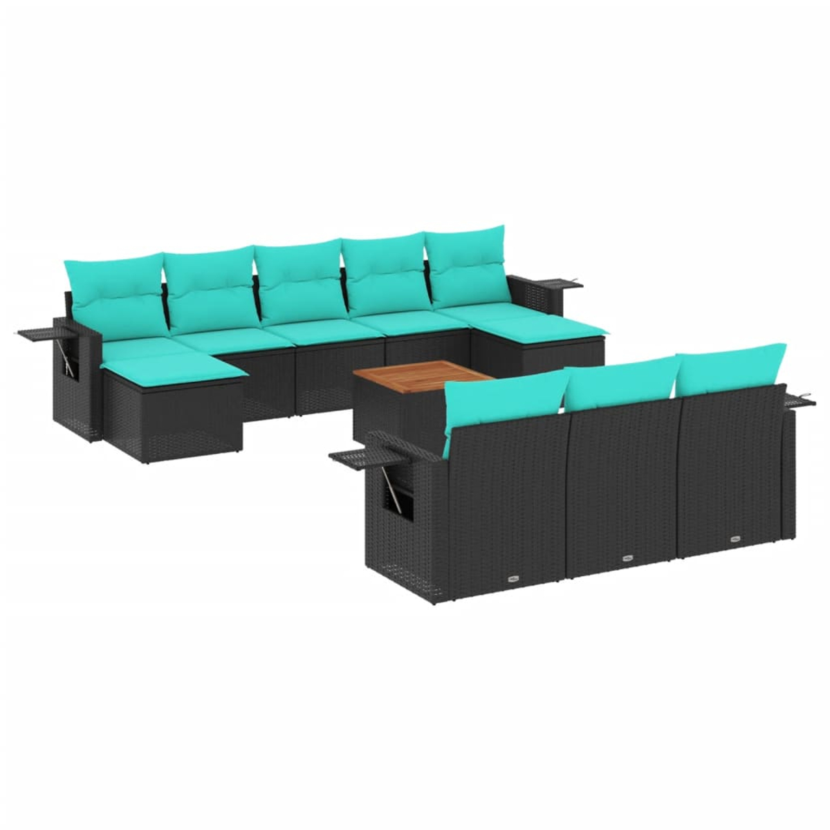 Gartenmöbel-Set: schwarzes Korbmöbel-Sofa mit türkisfarbenen Kissen und einem Holztisch. Ein weiteres kleineres Sofa rechts.