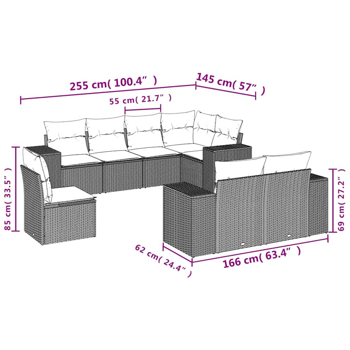 Ein Ecksofa-Set aus Rattan mit Maßangaben. Es umfasst ein Ecksofa und einen Einzelsitz, alle mit weißen Kissen.