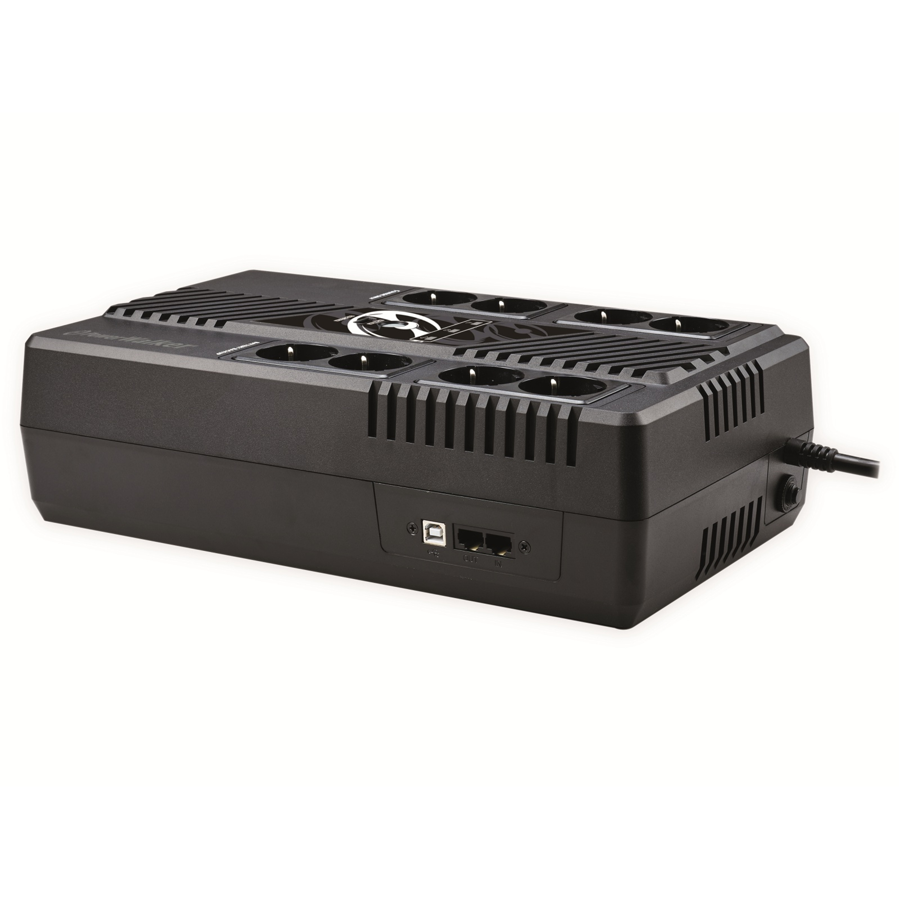 Eine schwarze PowerWalker USV mit mehreren Steckdosen, einem USB-Anschluss und Netzwerkanschlüssen. Auf weißem Hintergrund.