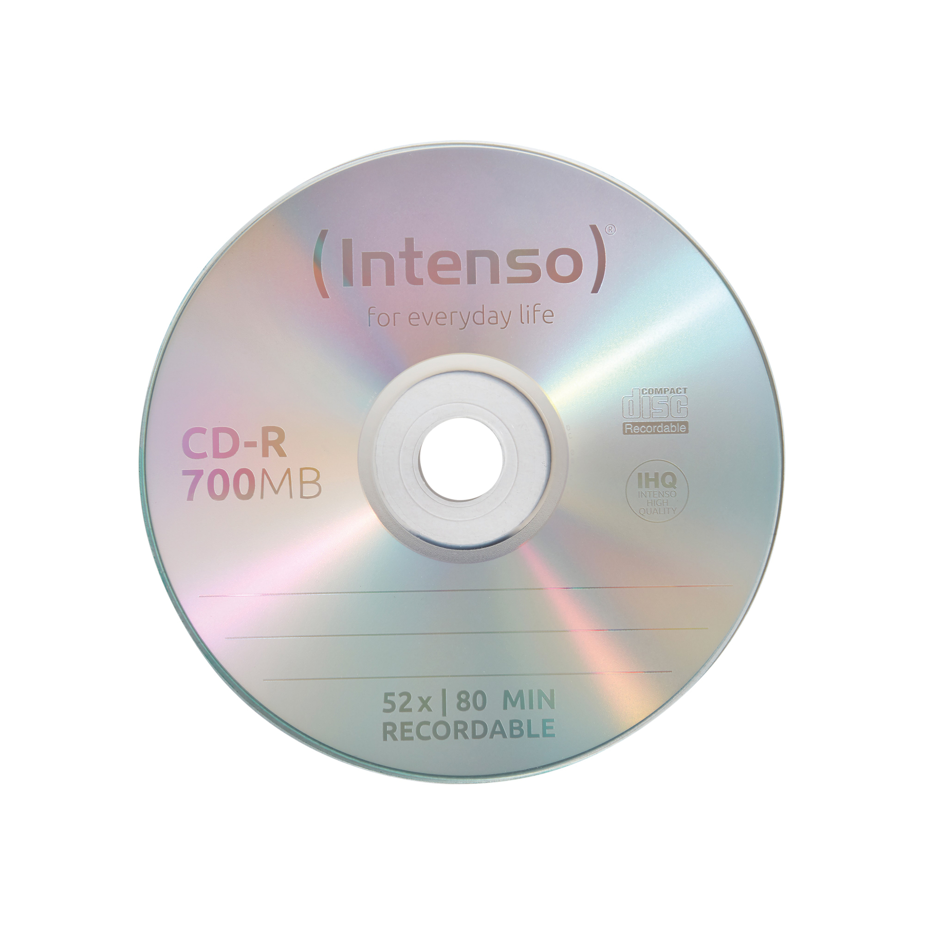 Płyta CD-R z logo Intenso. Napisane jest 'CD-R 700MB' i '52x|80 min recordable'. Obecne jest logo Compact Disc.