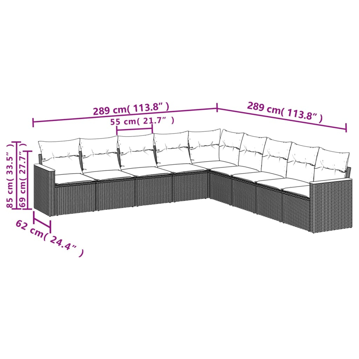 Ein L-förmiges Outdoor-Sofa aus gewebtem Material mit weißen Kissen. Die Maße sind in Zentimetern und Zoll angegeben.