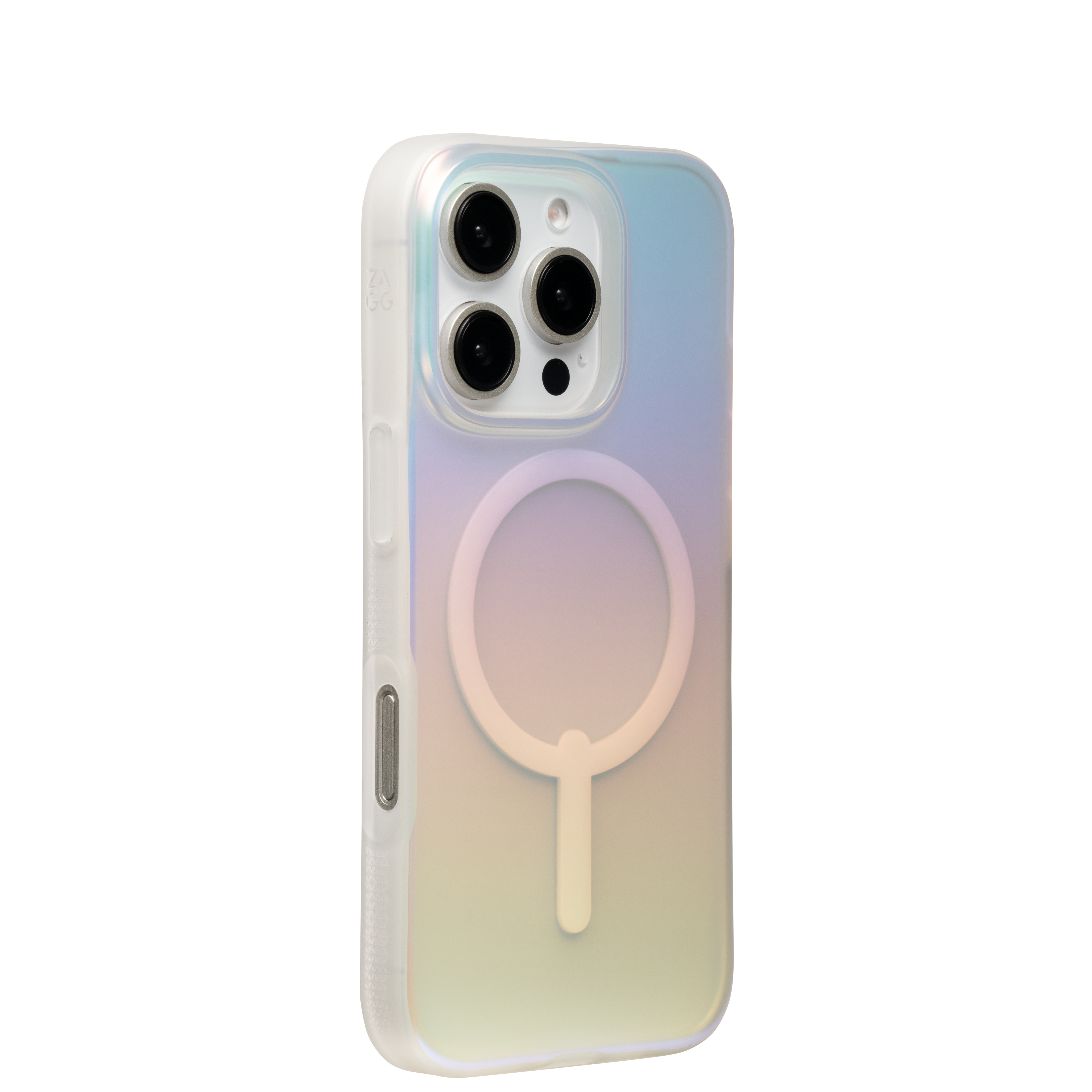 Una custodia trasparente con finitura perlescente. Presenta tre ritagli per la fotocamera e un design MagSafe circolare.