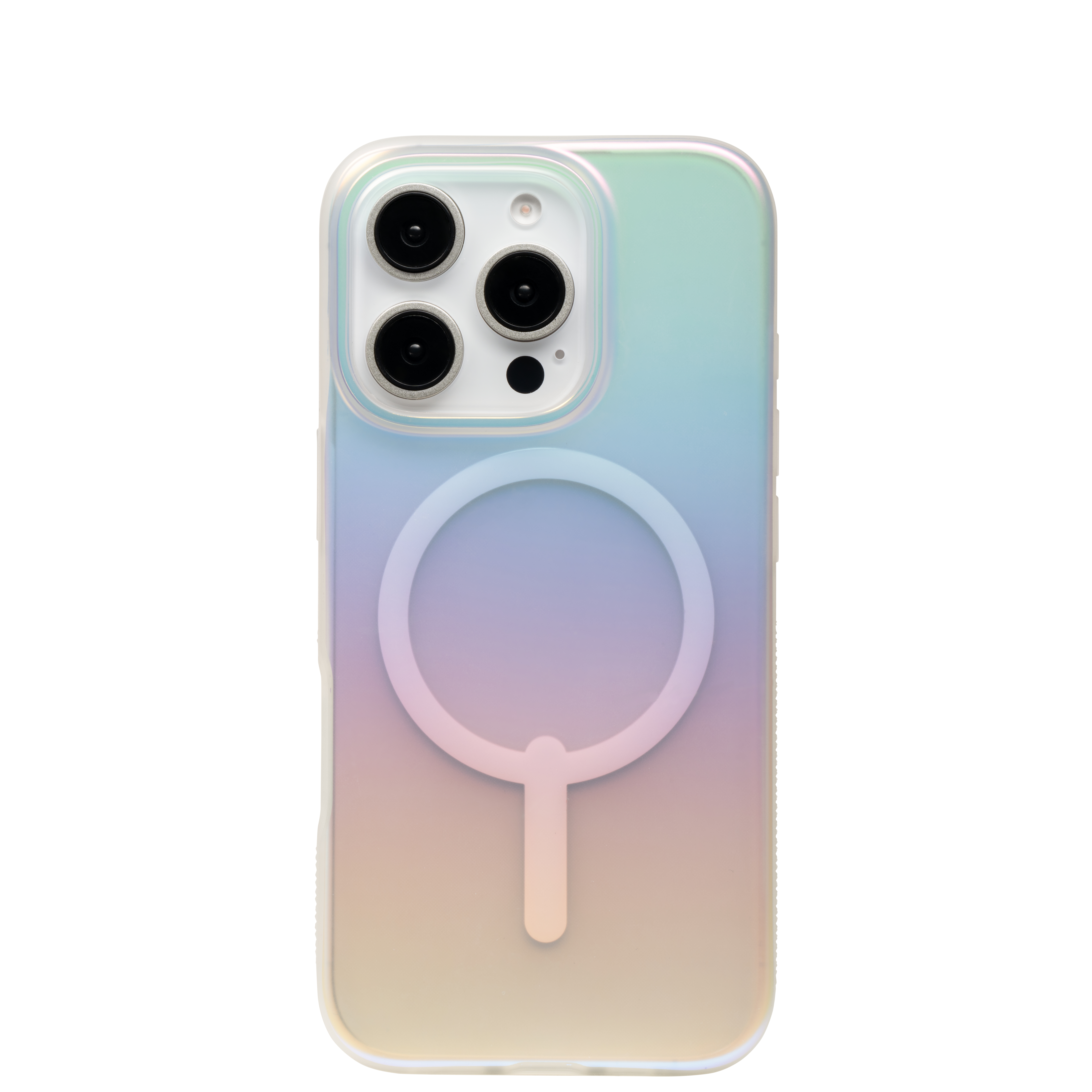 Una custodia per iPhone con sfumatura pastello. Ha un attacco magnetico circolare. La fotocamera del telefono è visibile.