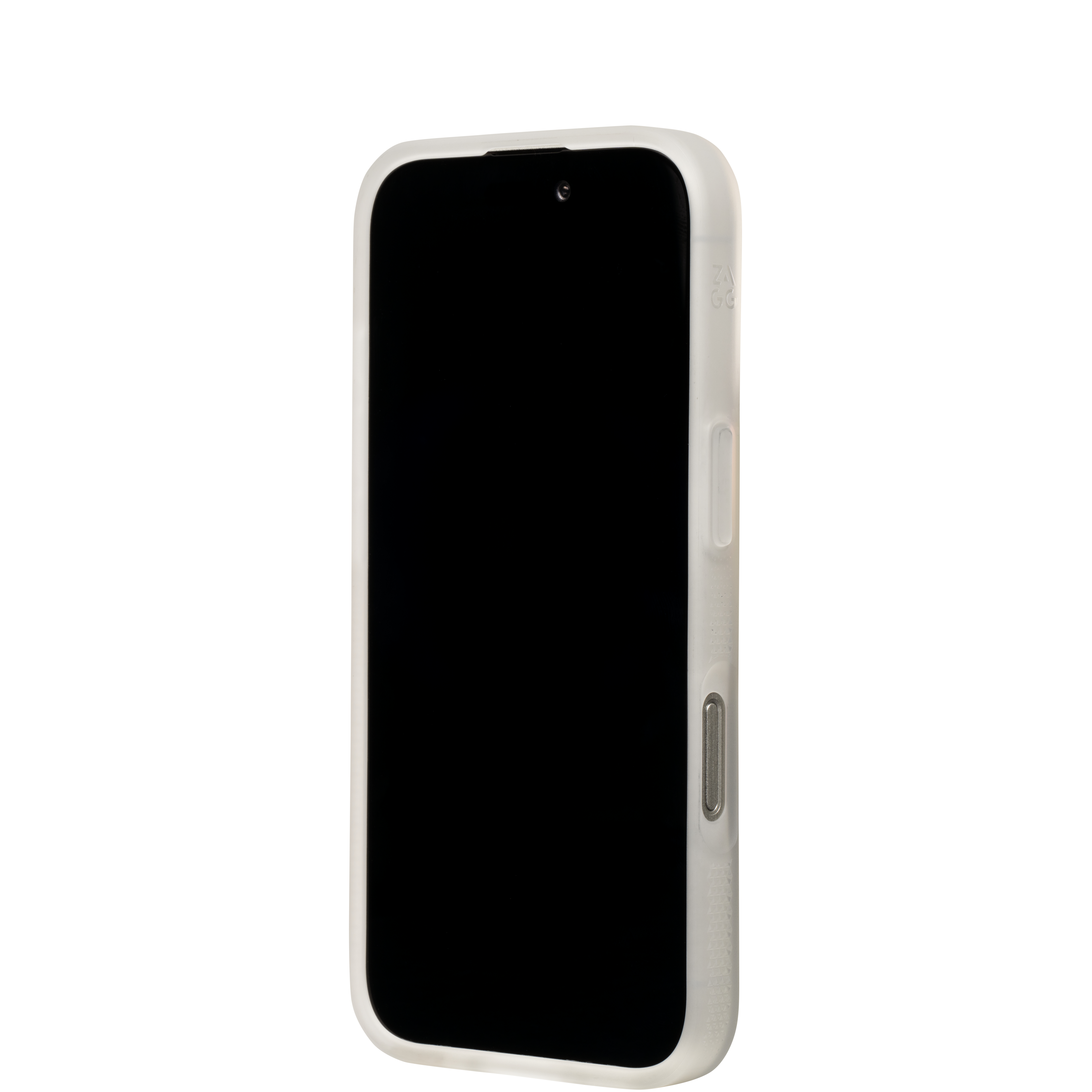 È visualizzato uno smartphone con custodia bianca. Lo schermo è nero. Lo sfondo è bianco.