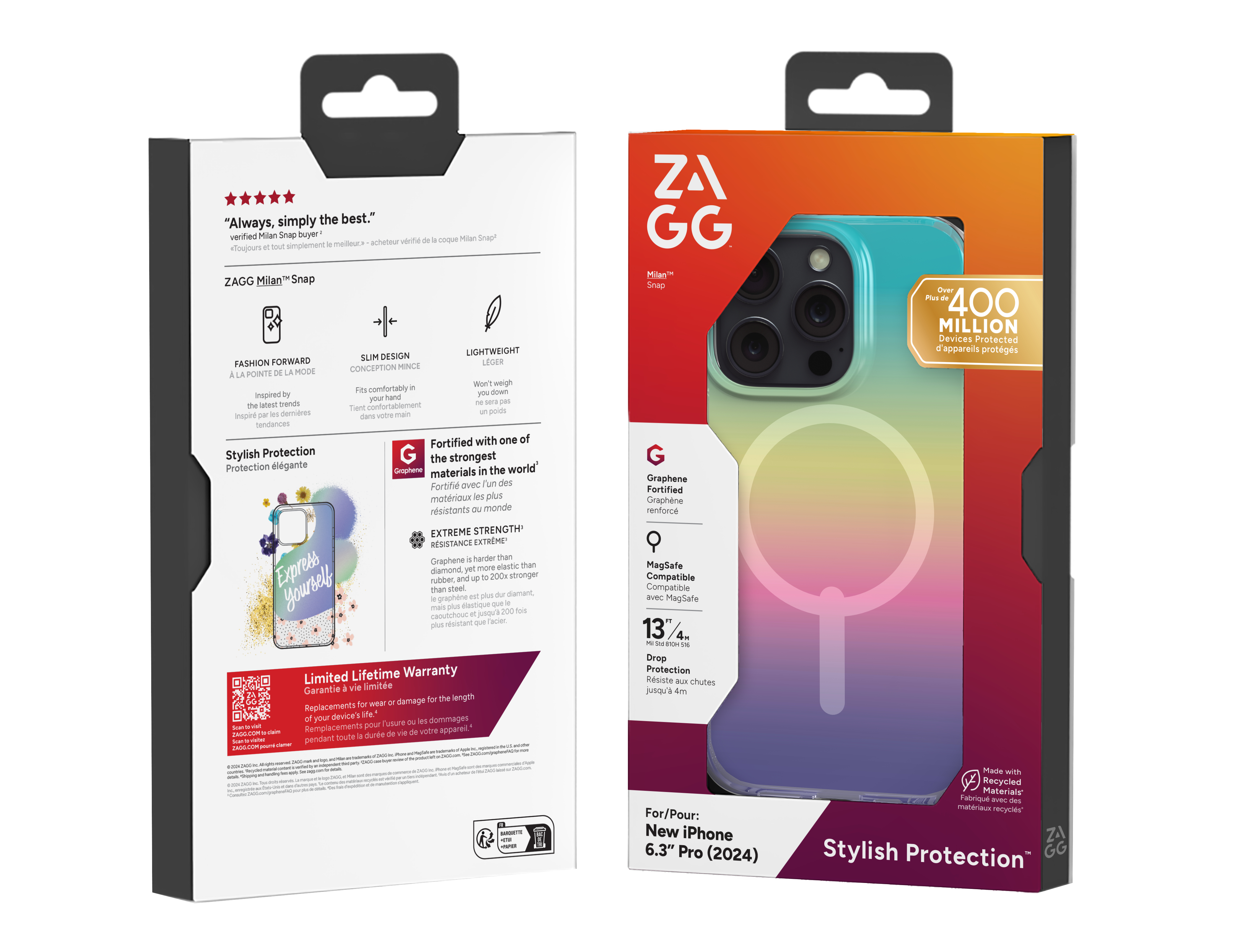Una scatola per custodia del telefono con testo e un'immagine di una custodia, con sfumatura di colori e il logo ZAGG.