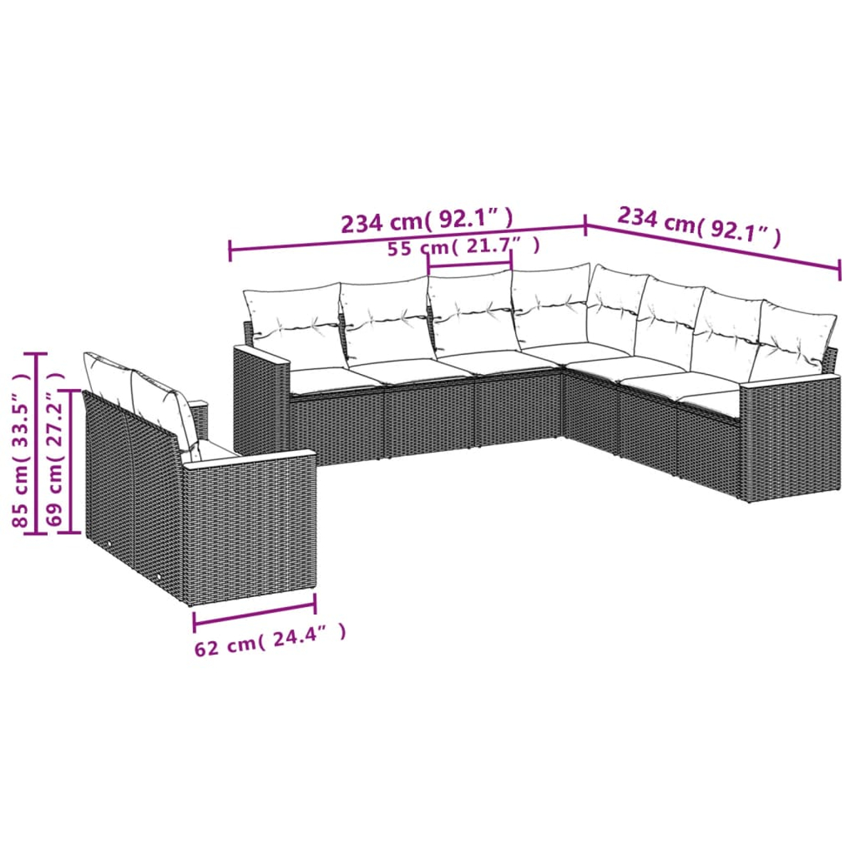 Graues Rattan-Ecksofa mit weißen Kissen. Maße sind in Zentimetern und Zoll angegeben.