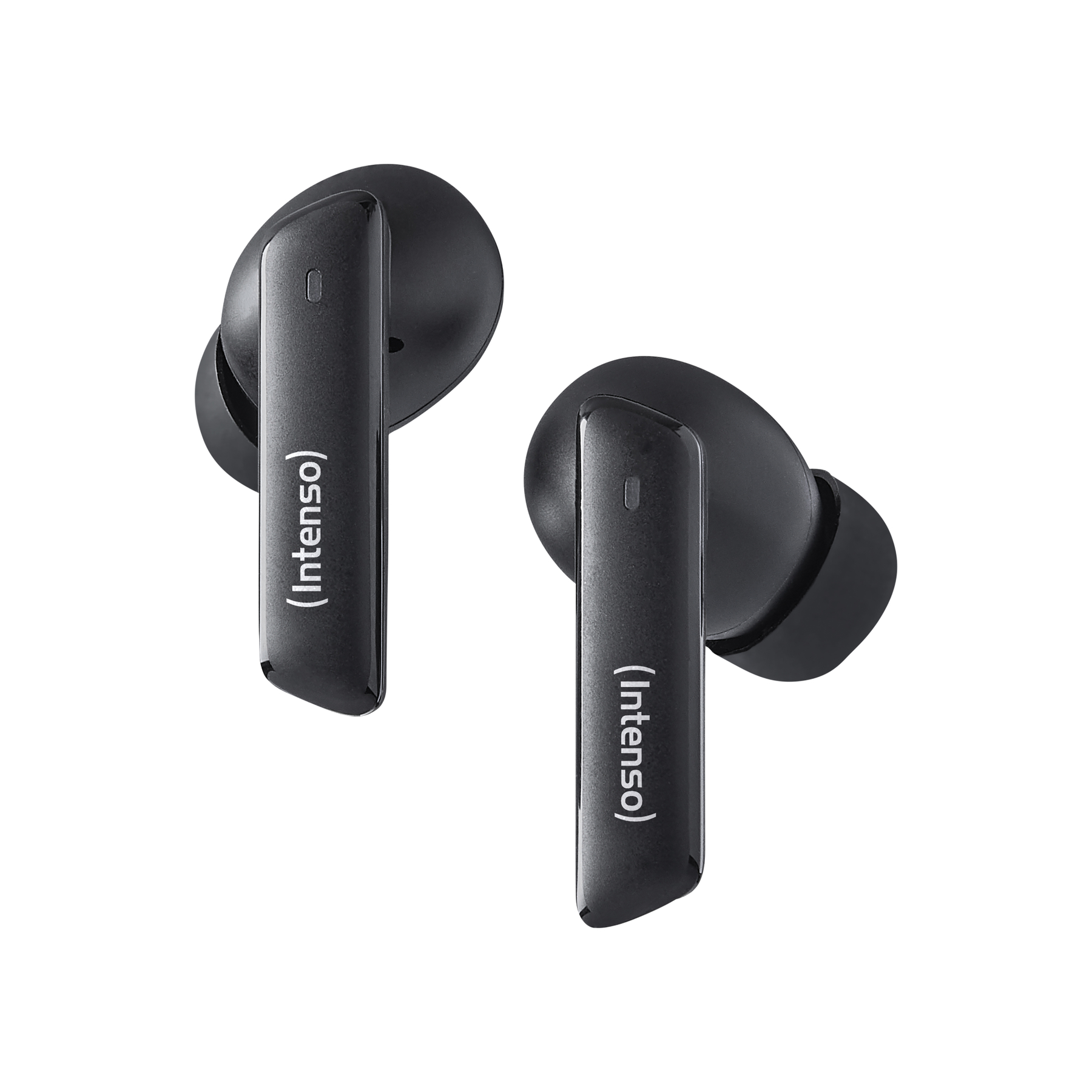 Dos auriculares inalámbricos negros con el logo Intenso sobre un fondo blanco. Cada uno tiene un tallo largo y un auricular.