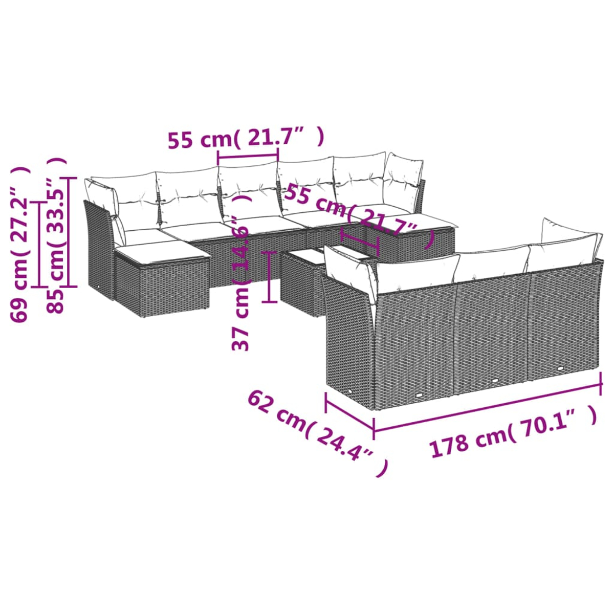 Ein Diagramm zeigt ein Rattan-Gartenmöbel-Set mit Abmessungen in cm und Zoll. Es umfasst ein Sofa, einen Tisch und eine Ottomane.