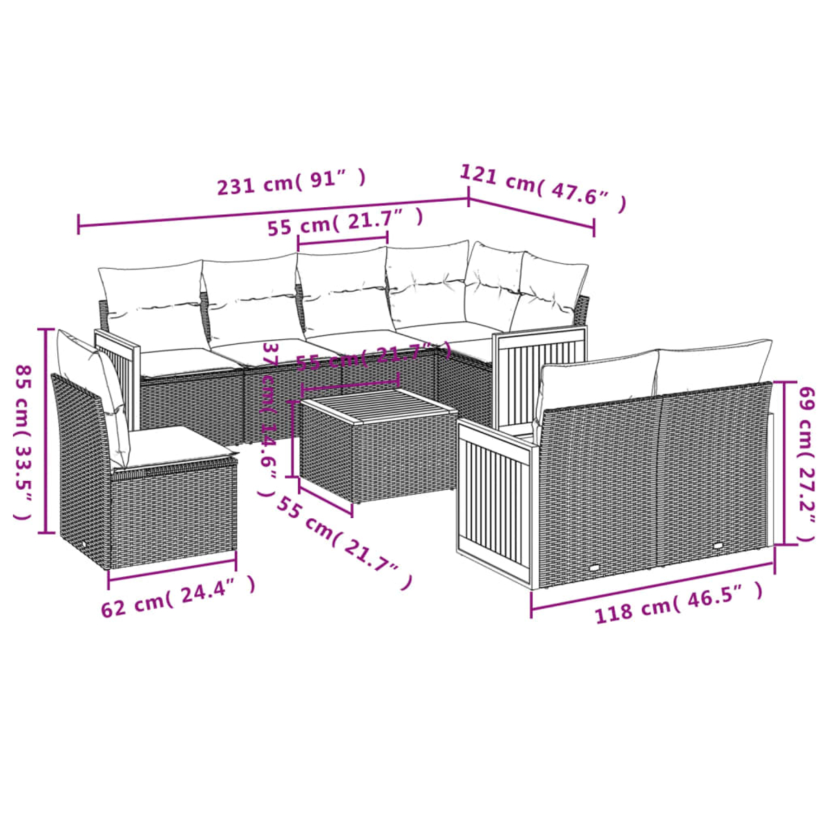 Ein Outdoor-Rattan-Möbelset mit Größenangaben. Es umfasst ein Ecksofa, ein Zweisitzer-Sofa, einen Sessel und einen Couchtisch.