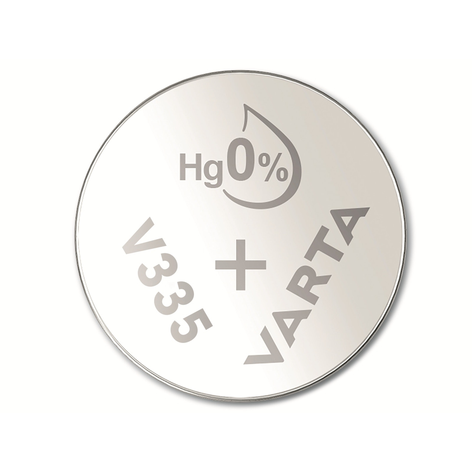 A round silver battery with 'V335', a plus sign, and 'VARTA' written on it. The text 'Hg 0%' is above the plus sign.