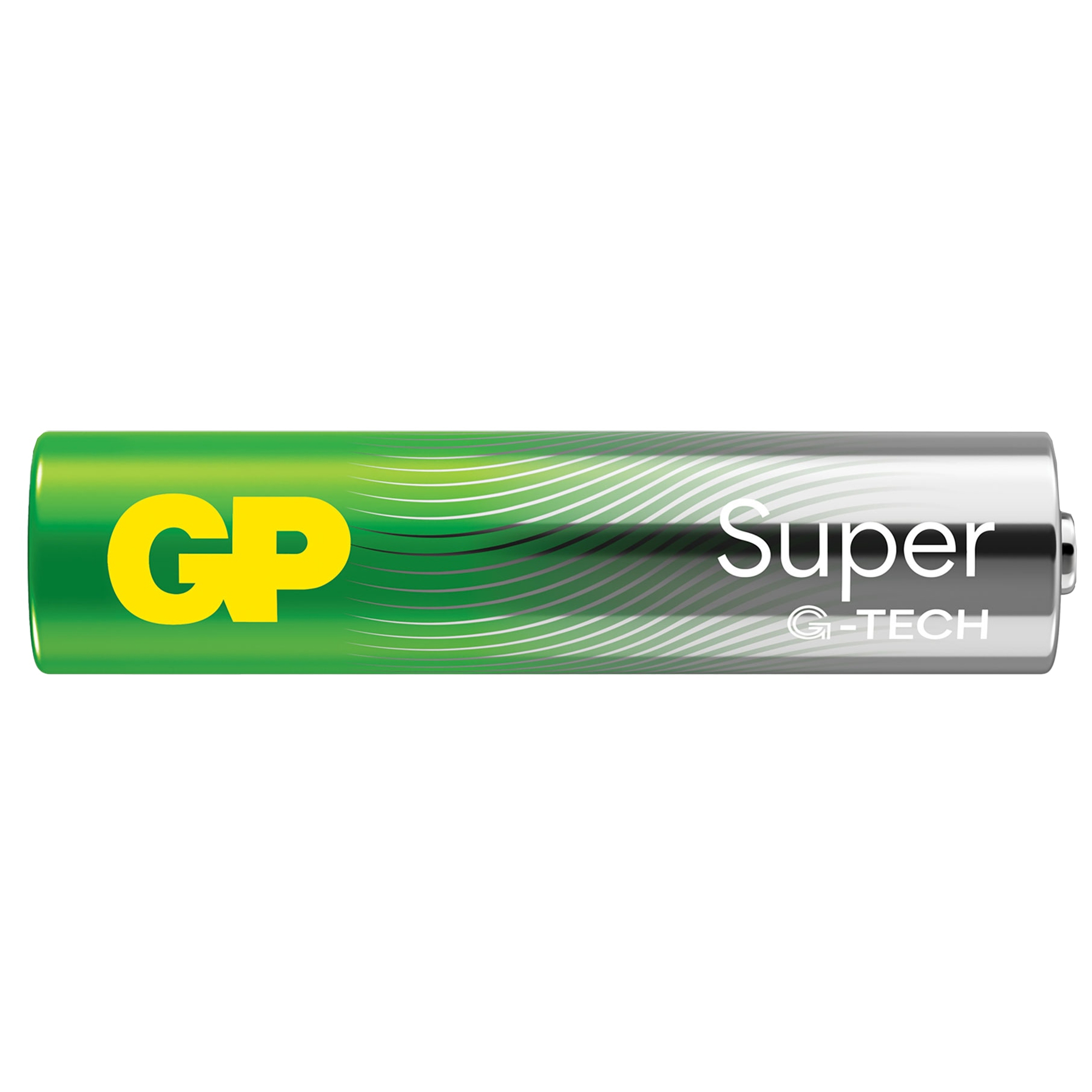 Eine GP Super G-TECH AA-Batterie. Sie ist links grün und rechts silber, mit weißen geschwungenen Linien.