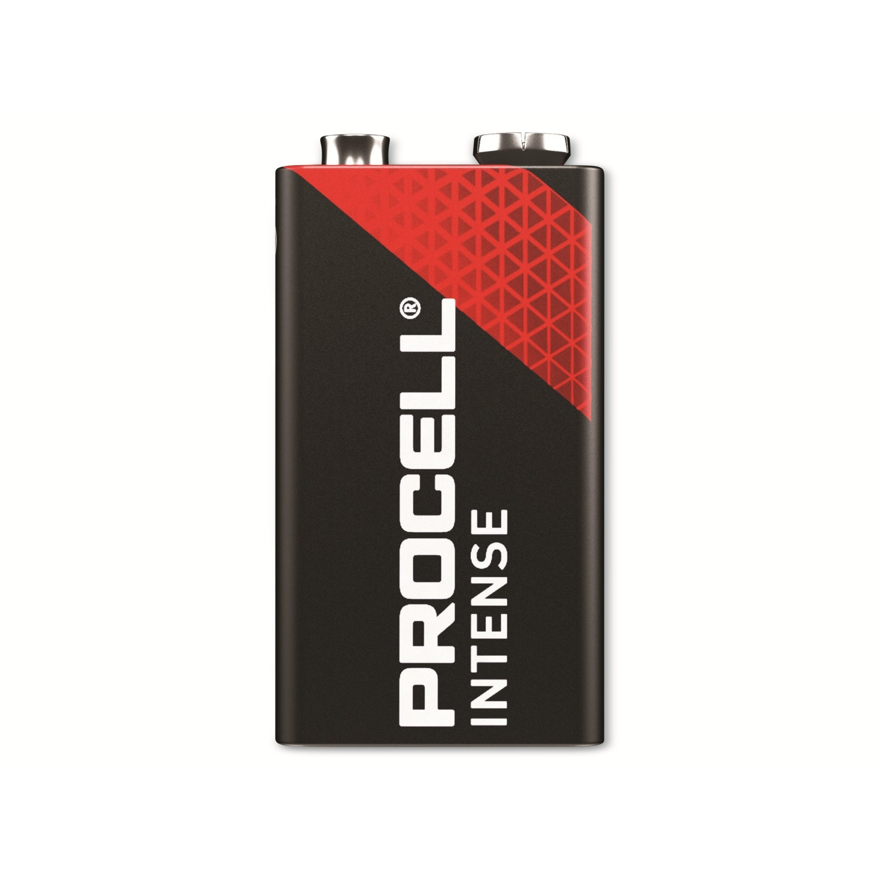 Eine Procell Intense 9-Volt-Batterie. Sie ist schwarz mit einem roten Dreiecksmuster oben und weißem Text mit 'Procell Intense'.