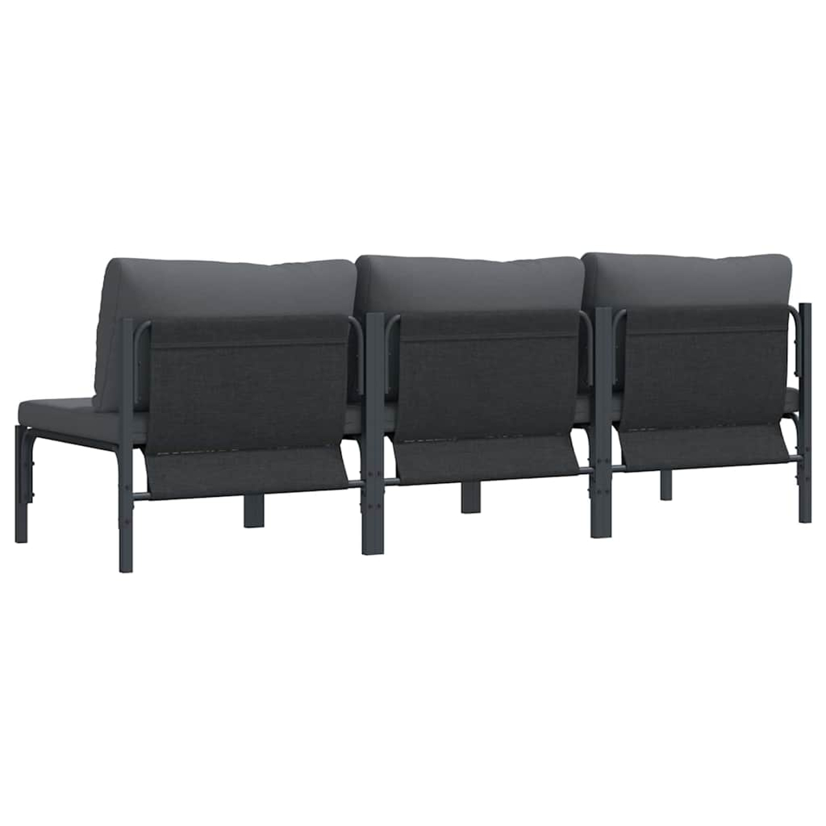 Ein dreisitziges Outdoor-Sofa mit grauen Kissen und einem dunkelgrauen Metallrahmen ist von hinten vor weißem Hintergrund zu sehen.