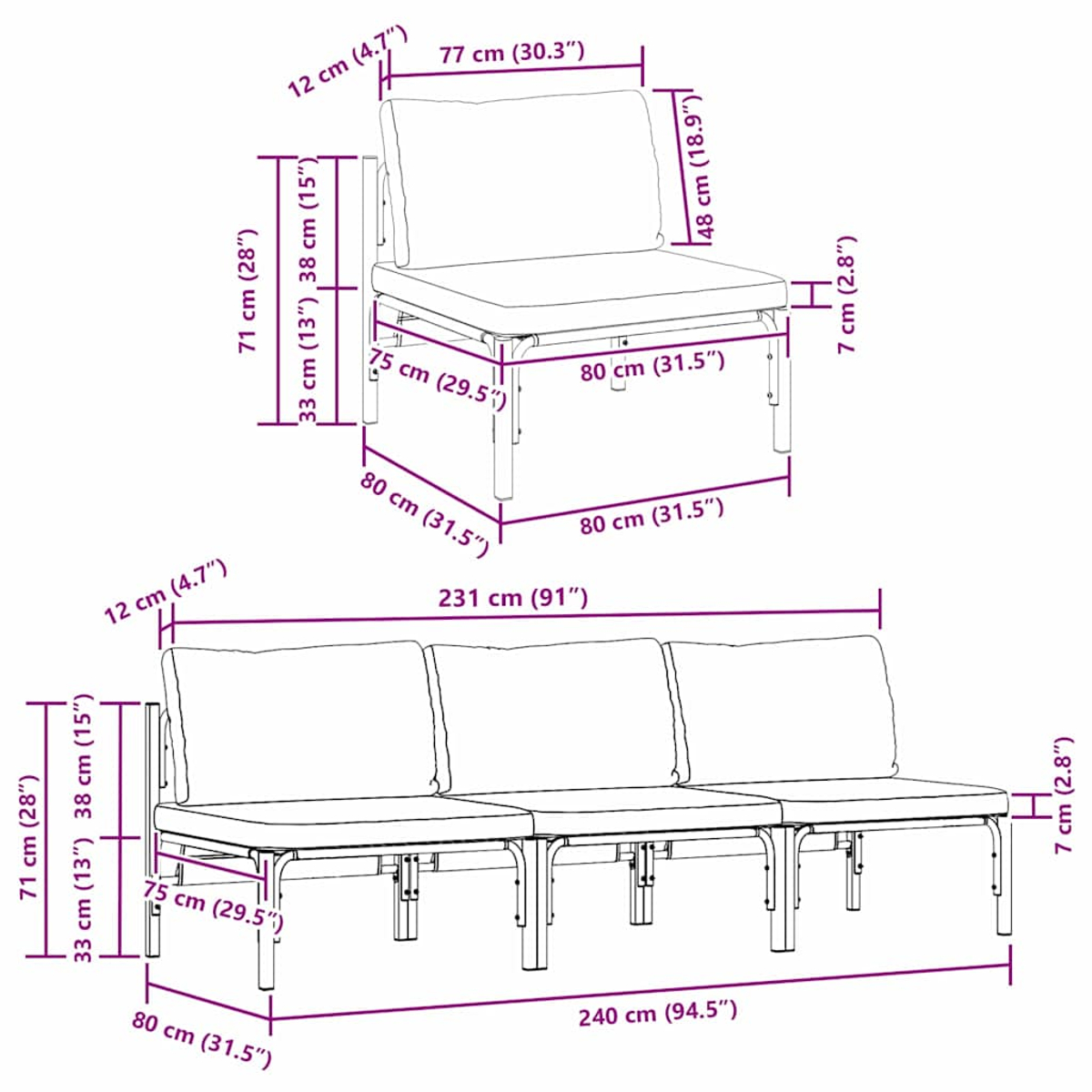 Diagramm eines Einzelstuhls und eines Dreisitzer-Sofas mit Abmessungen in cm und Zoll. Beide haben helle Kissen und Metallrahmen.