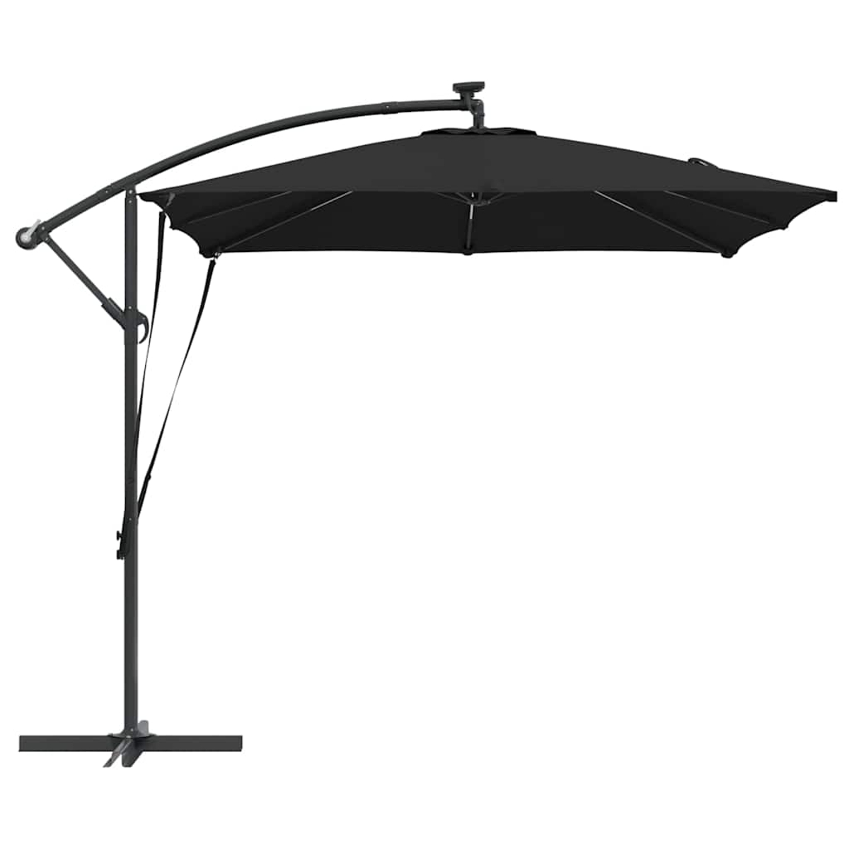 Un ombrellone nero a sbalzo su sfondo bianco. Ha una tenda quadrata e un braccio di supporto curvo.