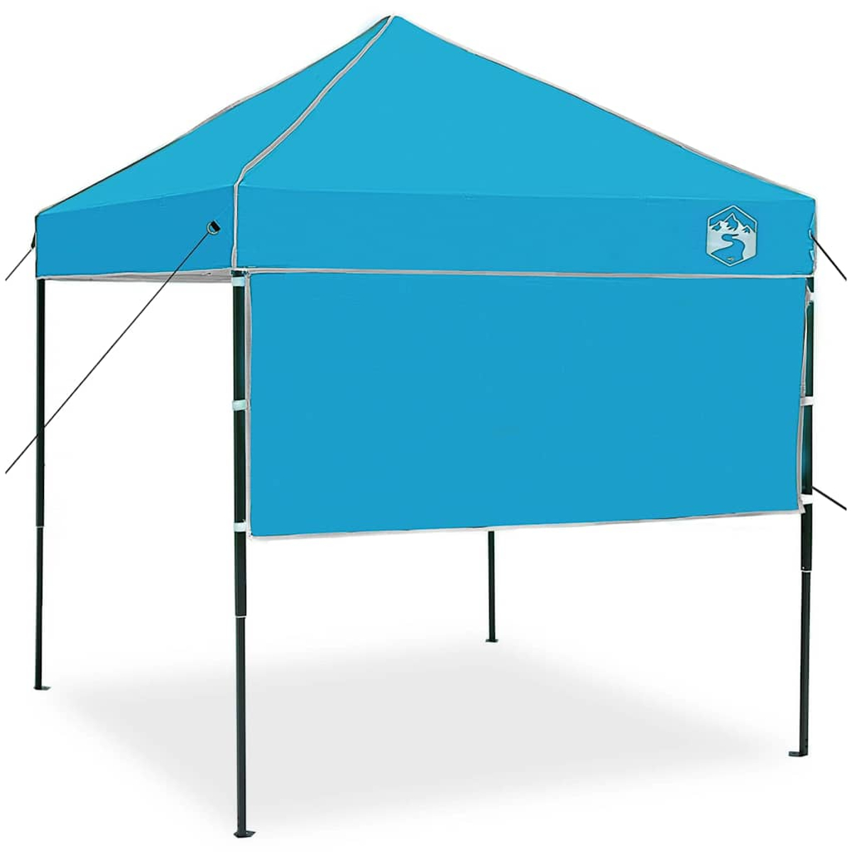 Ein blaues Pop-up-Zelt steht auf einer weißen Oberfläche. Es hat ein Logo an der Seite und schwarze Stützpfosten.