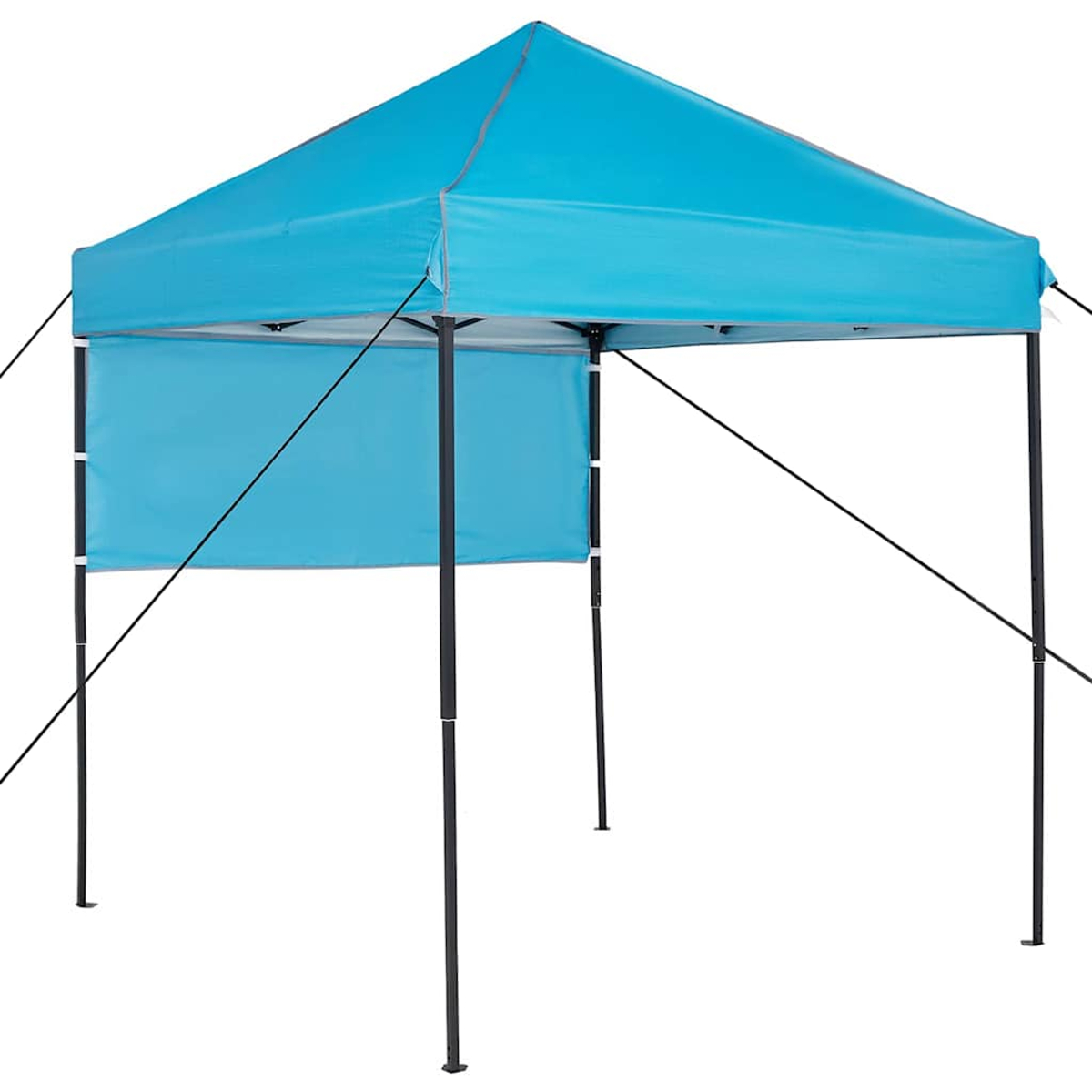 Ein blaues Pop-up-Zelt mit schwarzen Stangen und Stützseilen. Das Zelt steht auf weißem Hintergrund.