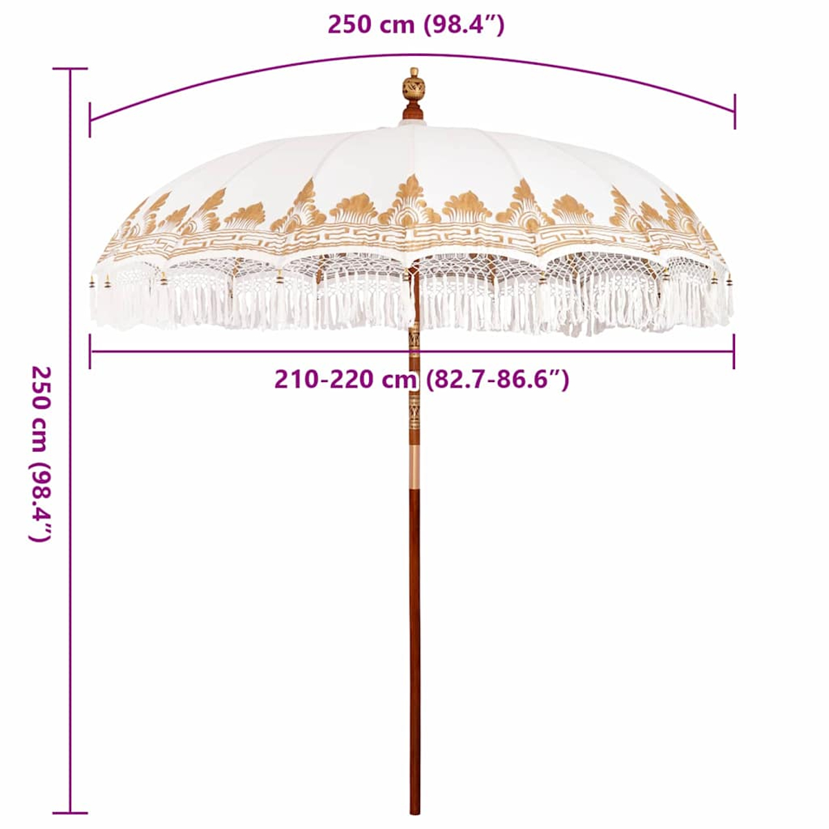 Un parasole bianco e oro con nappe, dimensioni indicate. Il parasole è aperto, mostrando disegni ornati e un palo di legno.