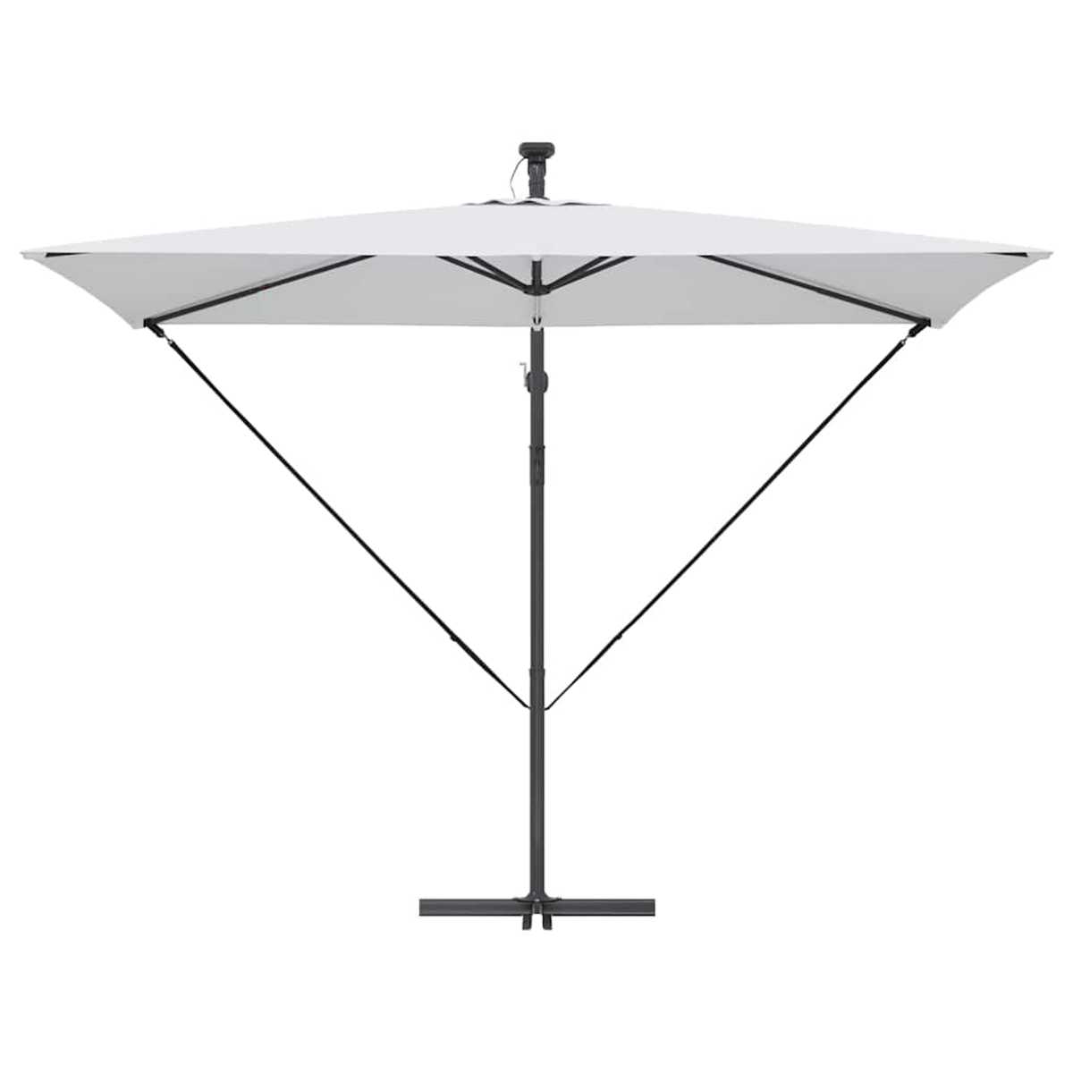 Un ombrellone quadrato bianco. Ha un palo e una struttura di supporto neri. La base è anch'essa nera, a forma di croce.