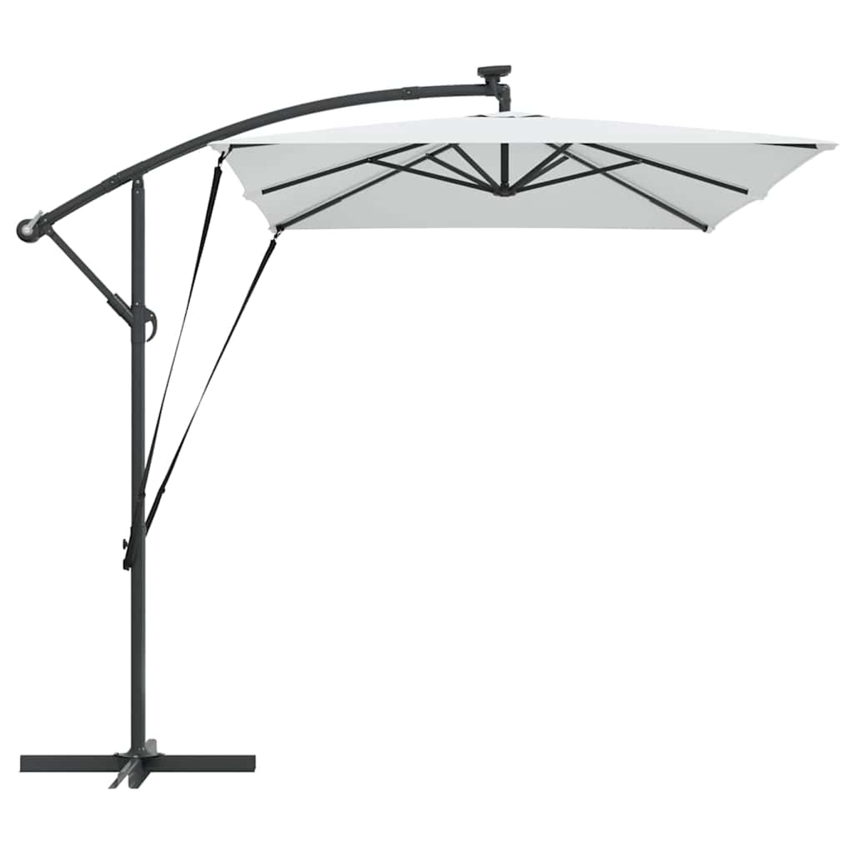 Un ombrellone da patio bianco decentrato con struttura grigio scuro. L'ombrellone è aperto, sostenuto da un braccio curvo e una base.