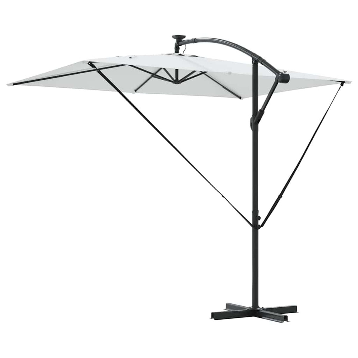 Un ombrellone da patio rettangolare bianco con struttura e base nere su sfondo bianco.