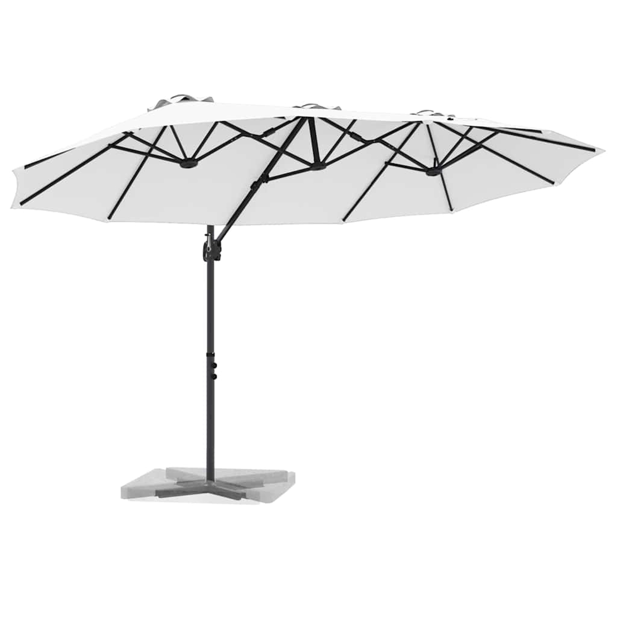Un ombrellone da patio bianco a doppia faccia con travi di supporto nere e un palo nero. La base è un quadrato grigio chiaro.